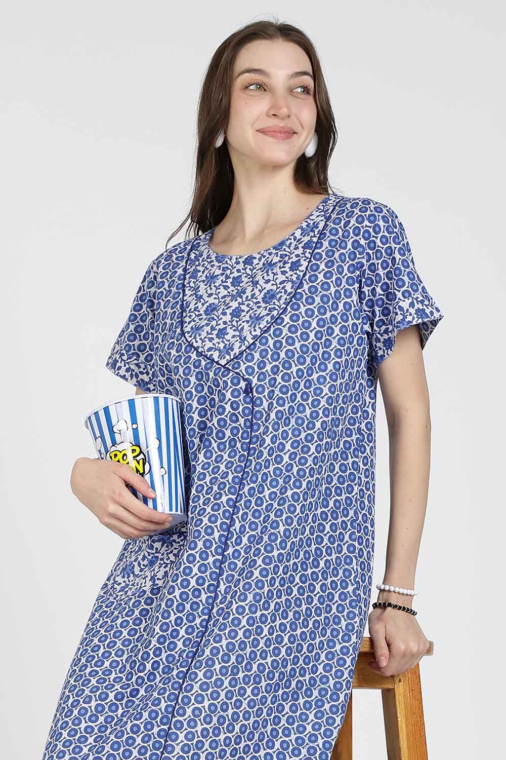 Naidu Hall Women Printed Cotton Full Length A-Line Nighty – Round Neck Short Sleeve Night Gown | Daily Wear Cotton Sleepwear
 - NB36