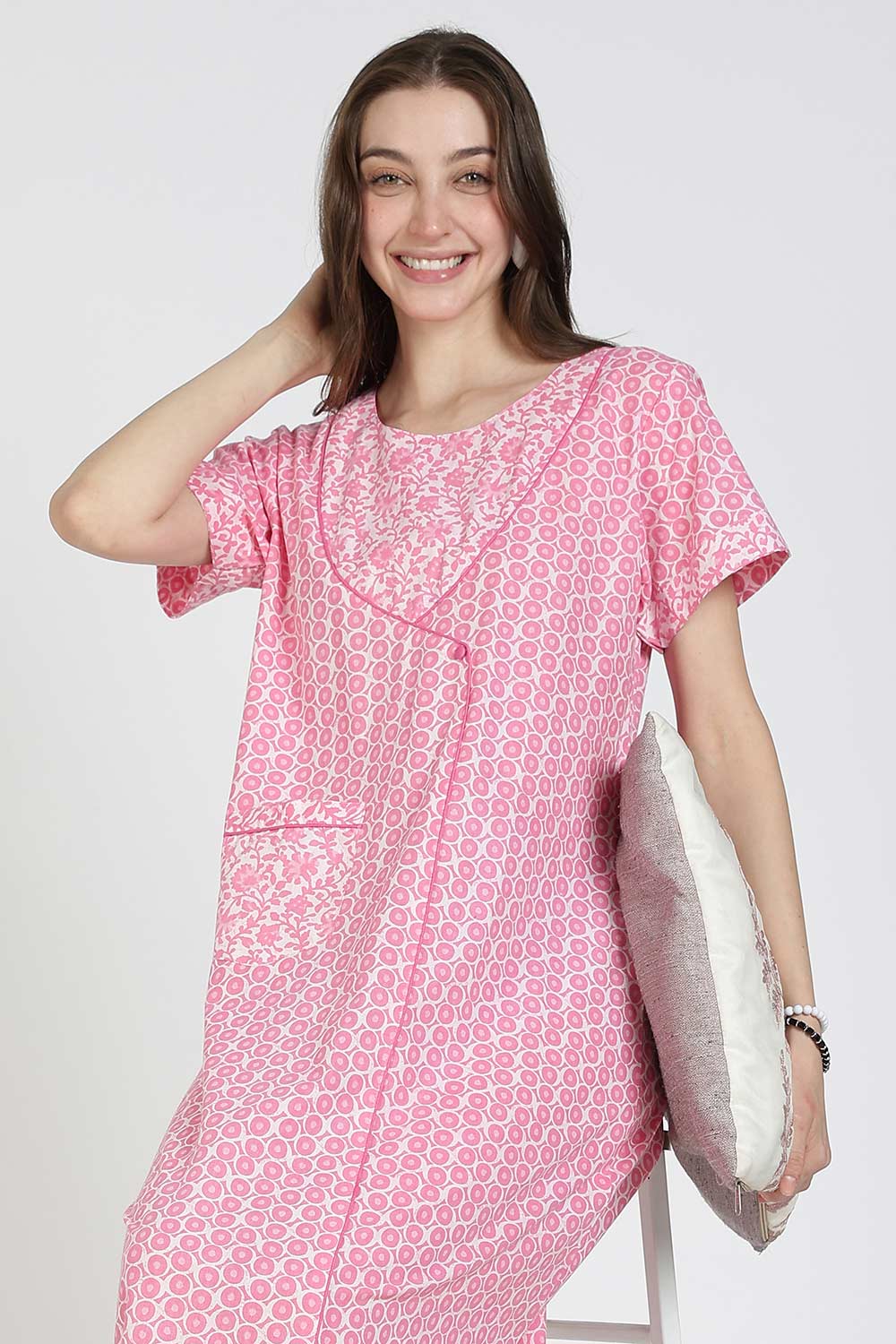 Naidu Hall Women Printed Cotton Full Length A-Line Nighty – Round Neck Short Sleeve Night Gown | Daily Wear Cotton Sleepwear
 - NB36