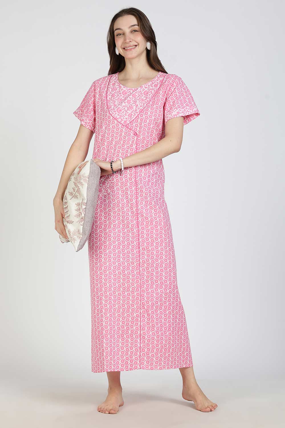 Naidu Hall Women Printed Cotton Full Length A-Line Nighty – Round Neck Short Sleeve Night Gown | Daily Wear Cotton Sleepwear
 - NB36