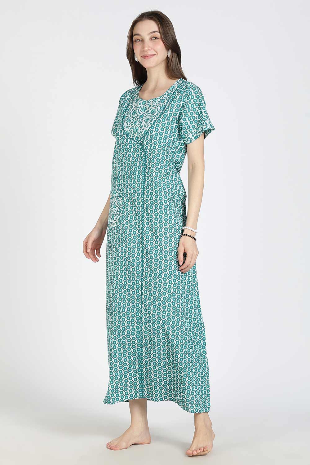 Naidu Hall Women Printed Cotton Full Length A-Line Nighty – Round Neck Short Sleeve Night Gown | Daily Wear Cotton Sleepwear
 - NB36