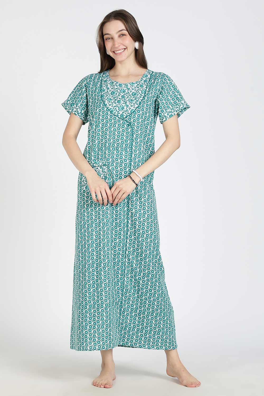 Naidu Hall Women Printed Cotton Full Length A-Line Nighty – Round Neck Short Sleeve Night Gown | Daily Wear Cotton Sleepwear
 - NB36