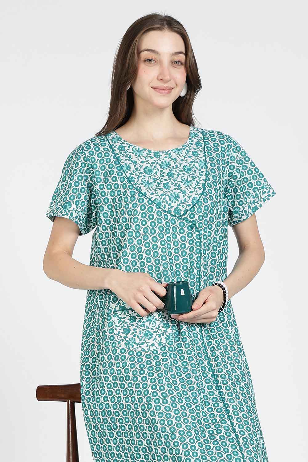 Naidu Hall Women Printed Cotton Full Length A-Line Nighty – Round Neck Short Sleeve Night Gown | Daily Wear Cotton Sleepwear
 - NB36