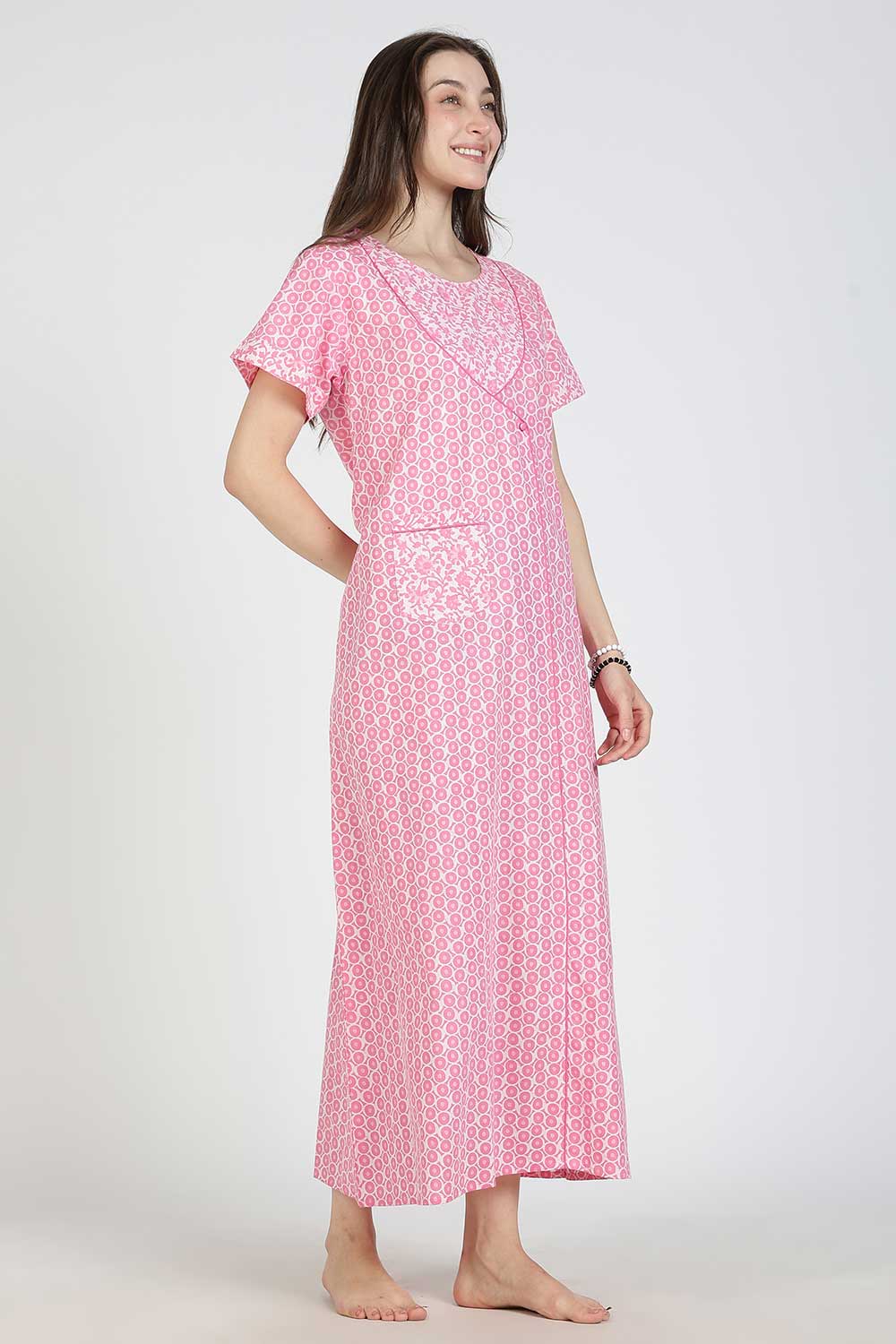 Naidu Hall Women Printed Cotton Full Length A-Line Nighty – Round Neck Short Sleeve Night Gown | Daily Wear Cotton Sleepwear
 - NB36