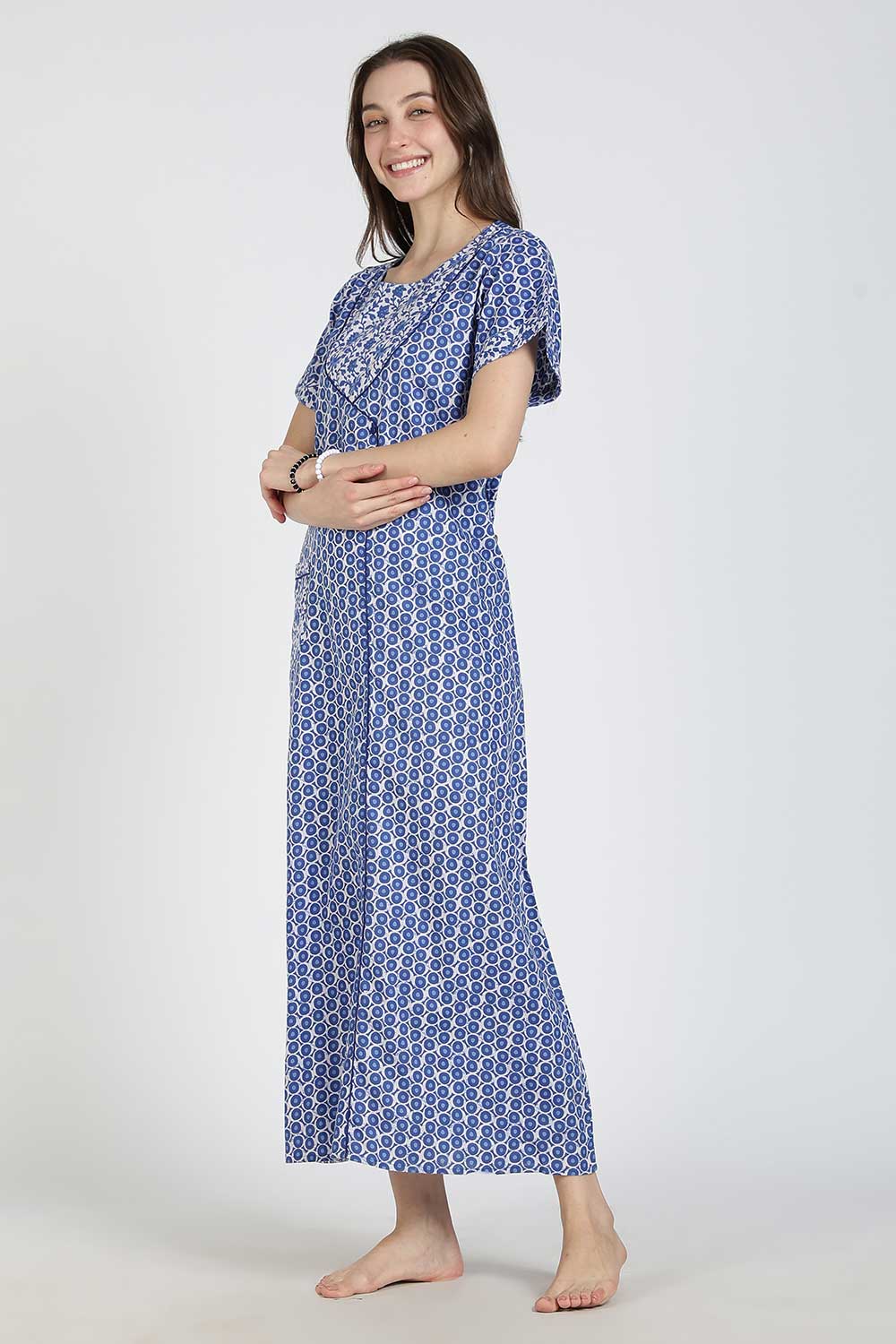 Naidu Hall Women Printed Cotton Full Length A-Line Nighty – Round Neck Short Sleeve Night Gown | Daily Wear Cotton Sleepwear
 - NB36