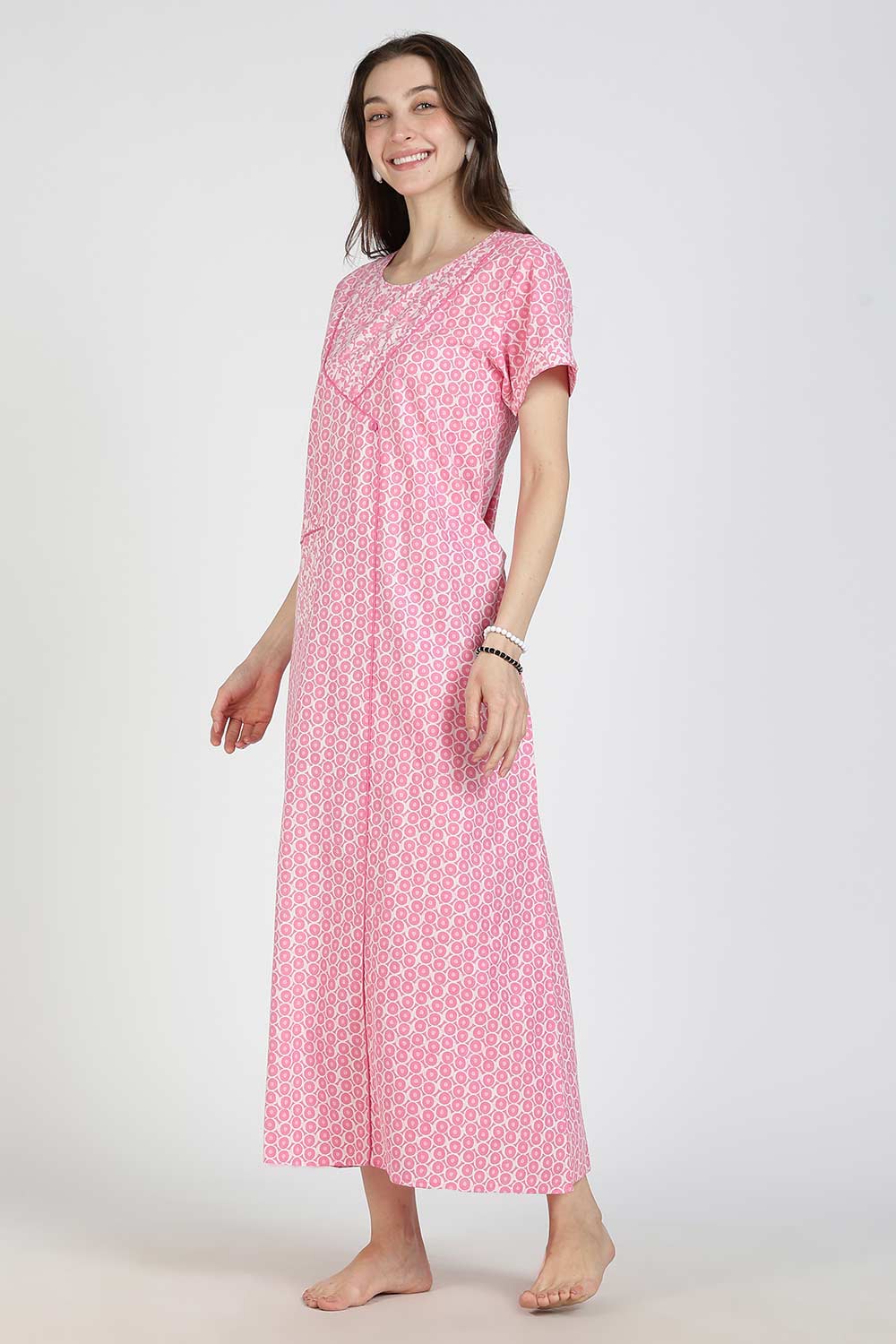 Naidu Hall Women Printed Cotton Full Length A-Line Nighty – Round Neck Short Sleeve Night Gown | Daily Wear Cotton Sleepwear
 - NB36