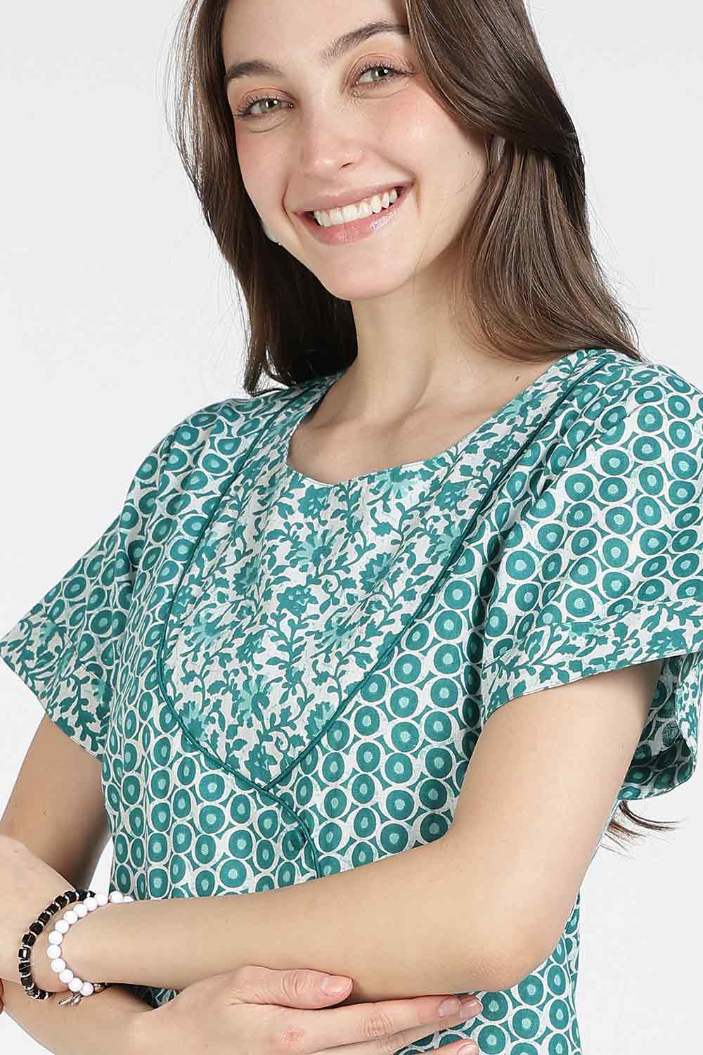 Naidu Hall Women Printed Cotton Full Length A-Line Nighty – Round Neck Short Sleeve Night Gown | Daily Wear Cotton Sleepwear
 - NB36