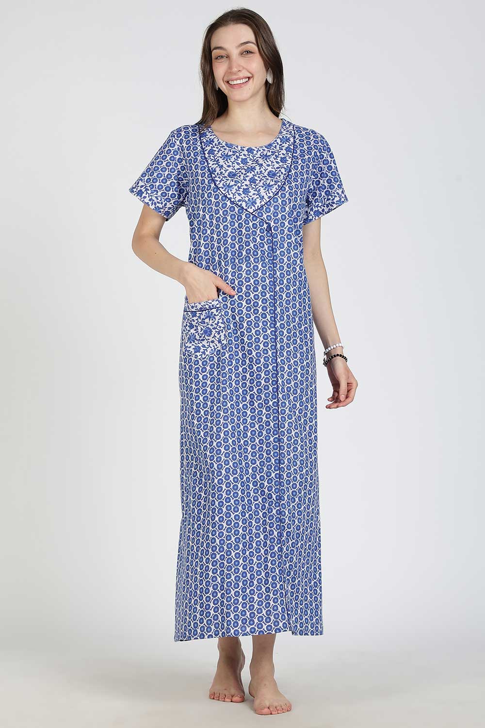 Naidu Hall Women Printed Cotton Full Length A-Line Nighty – Round Neck Short Sleeve Night Gown | Daily Wear Cotton Sleepwear
 - NB36