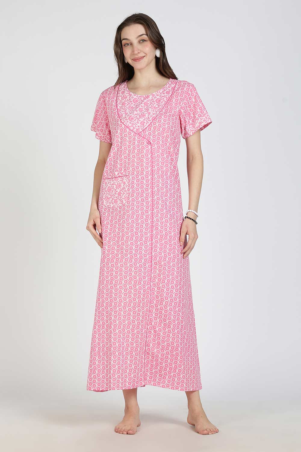 Naidu Hall Women Printed Cotton Full Length A-Line Nighty – Round Neck Short Sleeve Night Gown | Daily Wear Cotton Sleepwear
 - NB36