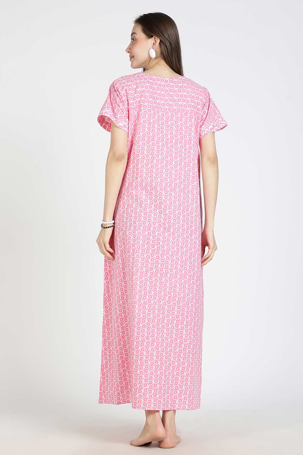 Naidu Hall Women Printed Cotton Full Length A-Line Nighty – Round Neck Short Sleeve Night Gown | Daily Wear Cotton Sleepwear
 - NB36