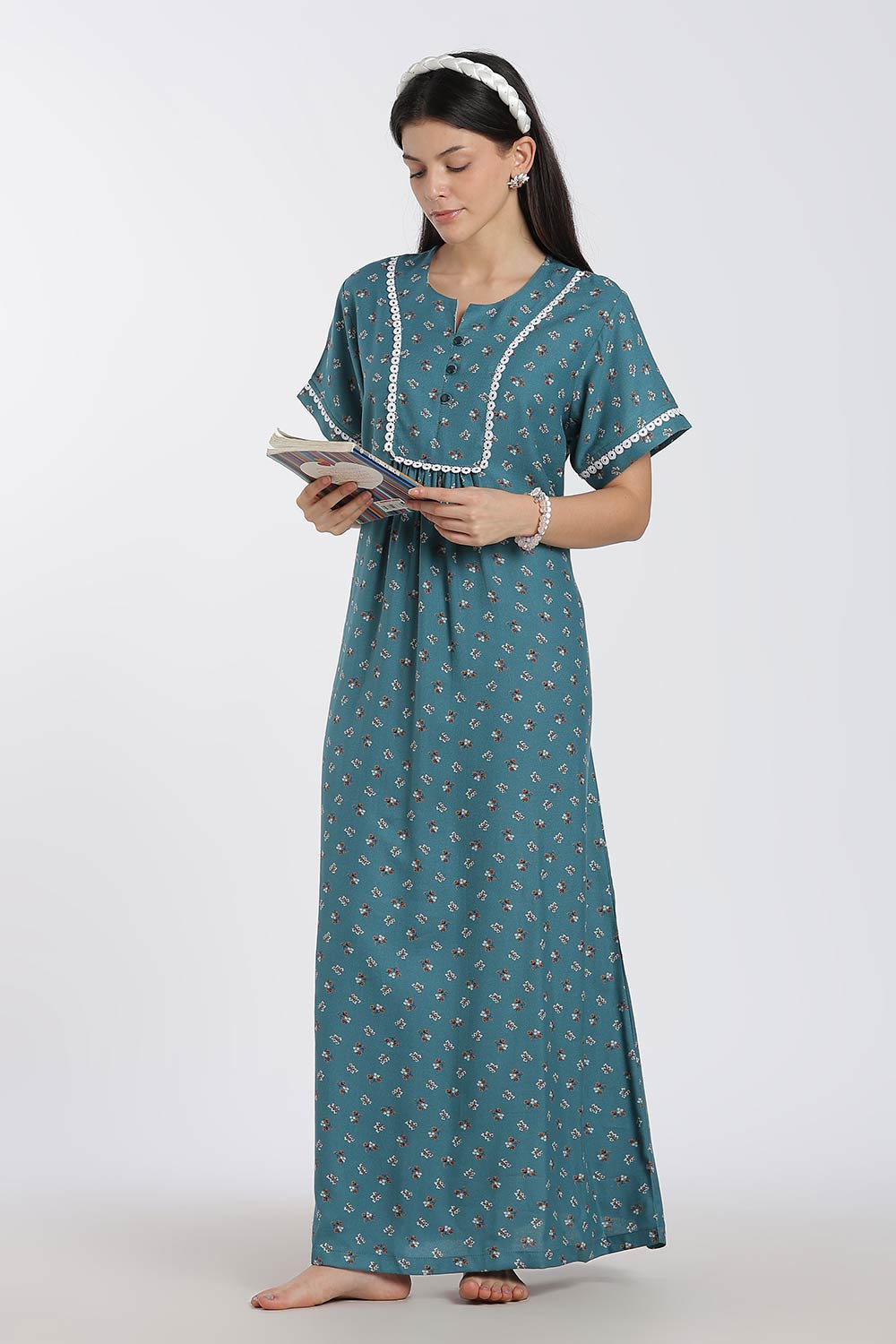 Naidu Hall Printed Cotton Nighty for Women – Full Length A-Line Nighty with Lace Panel & V-Slit Neck | Comfortable Daily Wear Sleepwear
 - NB37