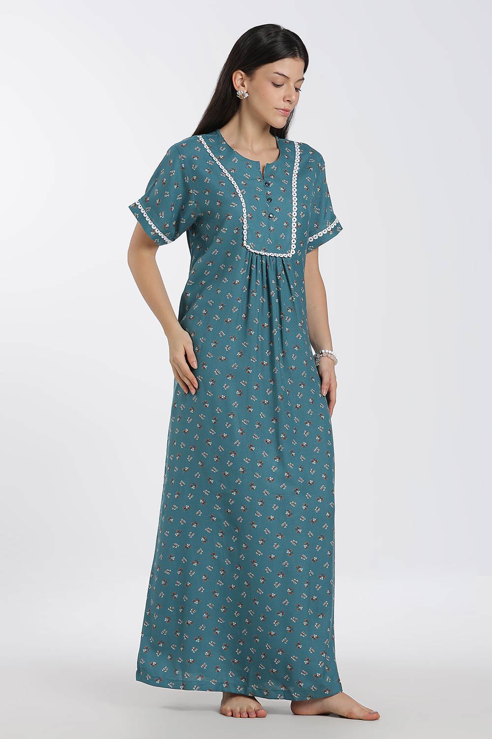 Naidu Hall Printed Cotton Nighty for Women – Full Length A-Line Nighty with Lace Panel & V-Slit Neck | Comfortable Daily Wear Sleepwear
 - NB37