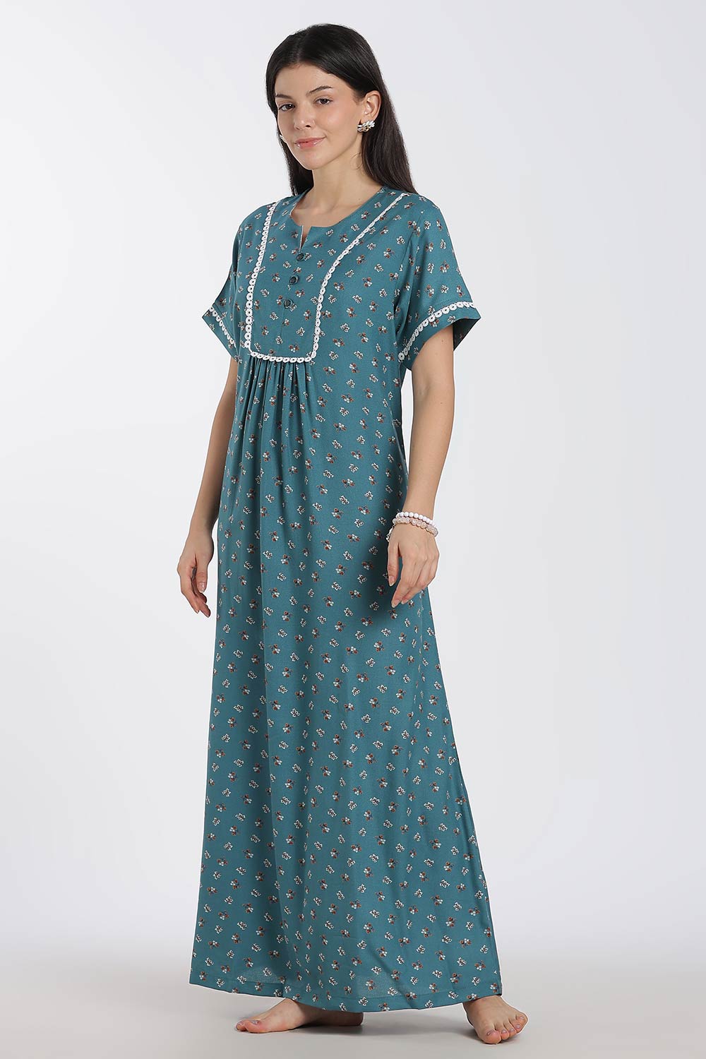 Naidu Hall Printed Cotton Nighty for Women – Full Length A-Line Nighty with Lace Panel & V-Slit Neck | Comfortable Daily Wear Sleepwear
 - NB37