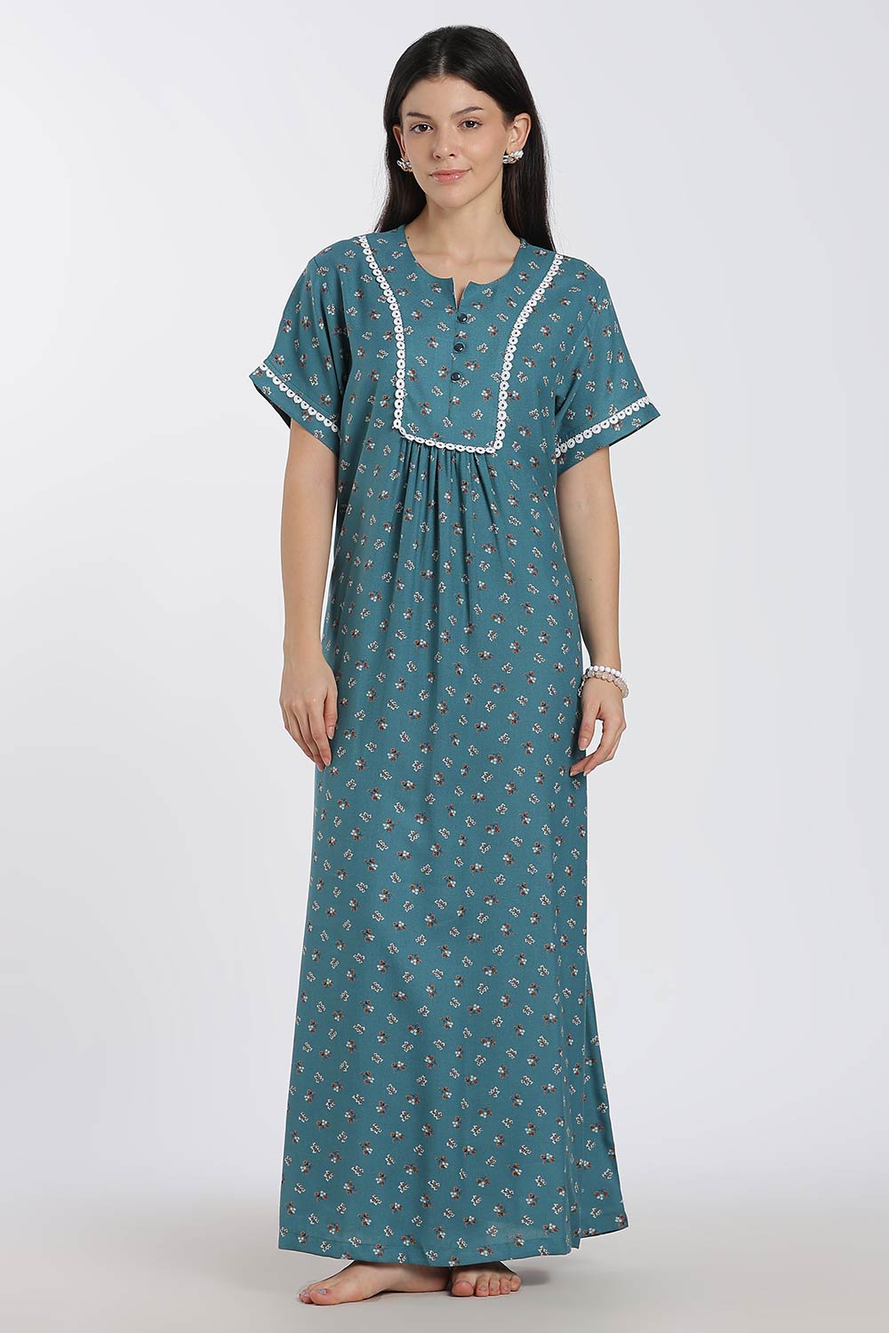 Naidu Hall Printed Cotton Nighty for Women – Full Length A-Line Nighty with Lace Panel & V-Slit Neck | Comfortable Daily Wear Sleepwear
 - NB37