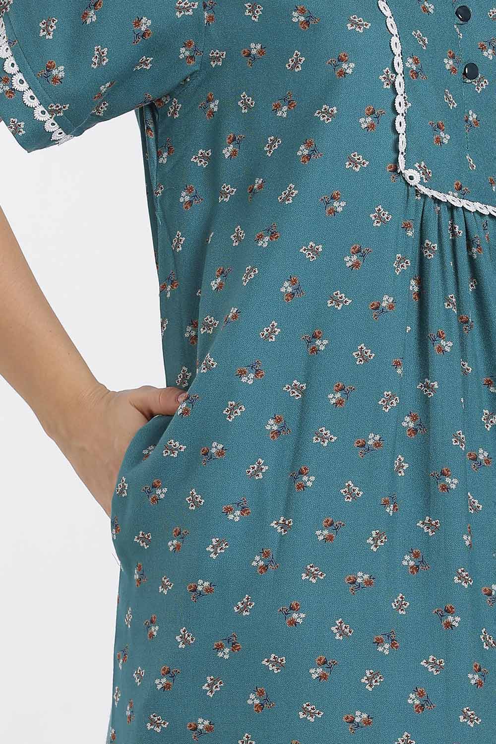Naidu Hall Printed Cotton Nighty for Women – Full Length A-Line Nighty with Lace Panel & V-Slit Neck | Comfortable Daily Wear Sleepwear
 - NB37