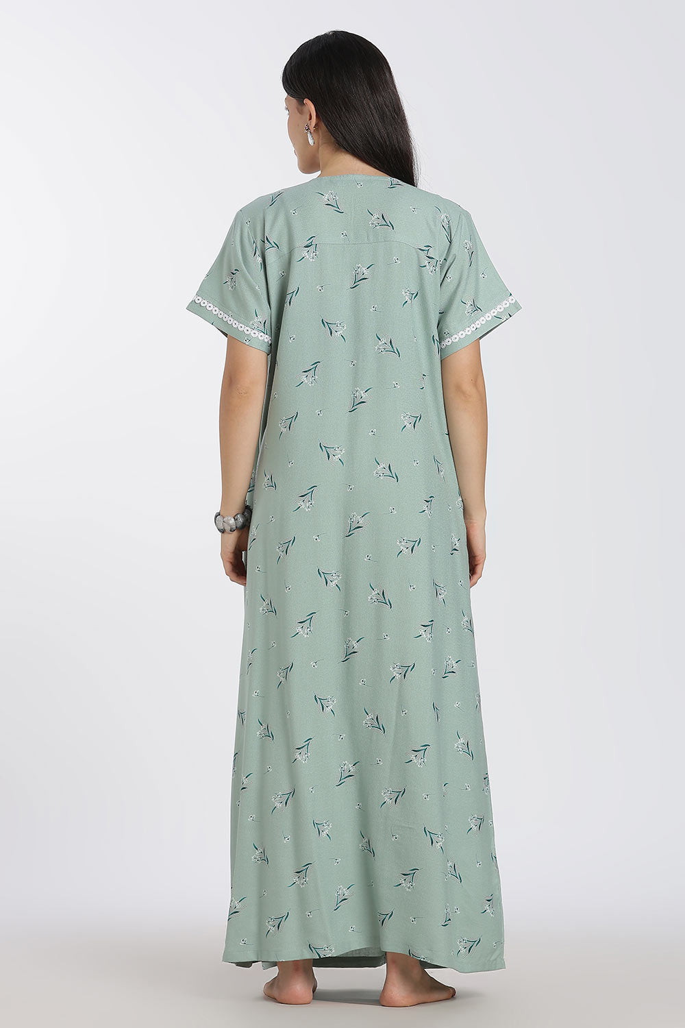 Naidu Hall Printed Cotton Nighty for Women – Full Length A-Line Nighty with Lace Panel & V-Slit Neck | Comfortable Daily Wear Sleepwear
 - NB37