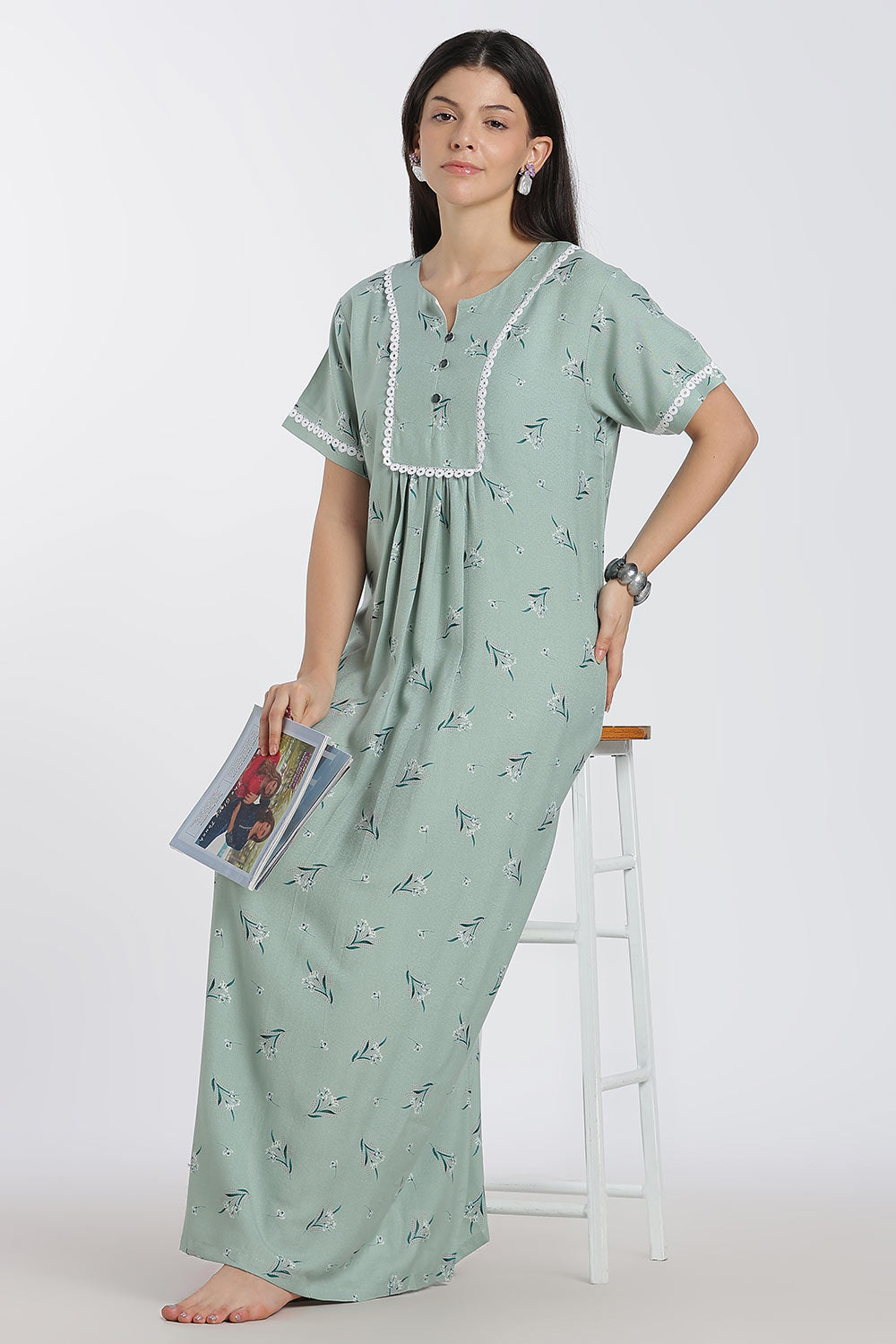 Naidu Hall Printed Cotton Nighty for Women – Full Length A-Line Nighty with Lace Panel & V-Slit Neck | Comfortable Daily Wear Sleepwear
 - NB37