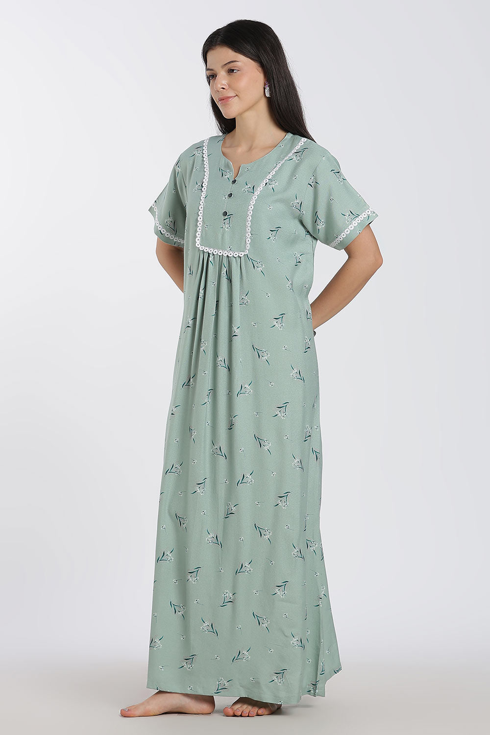 Naidu Hall Printed Cotton Nighty for Women – Full Length A-Line Nighty with Lace Panel & V-Slit Neck | Comfortable Daily Wear Sleepwear
 - NB37
