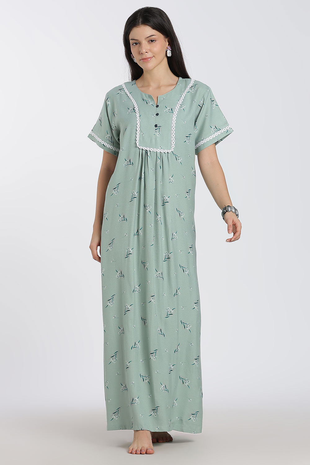 Naidu Hall Printed Cotton Nighty for Women – Full Length A-Line Nighty with Lace Panel & V-Slit Neck | Comfortable Daily Wear Sleepwear
 - NB37