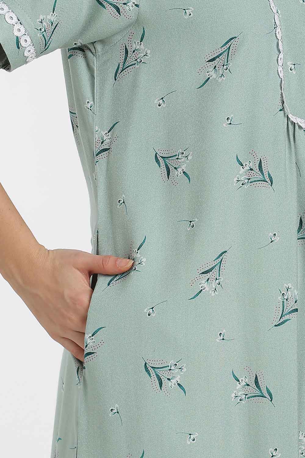 Naidu Hall Printed Cotton Nighty for Women – Full Length A-Line Nighty with Lace Panel & V-Slit Neck | Comfortable Daily Wear Sleepwear
 - NB37