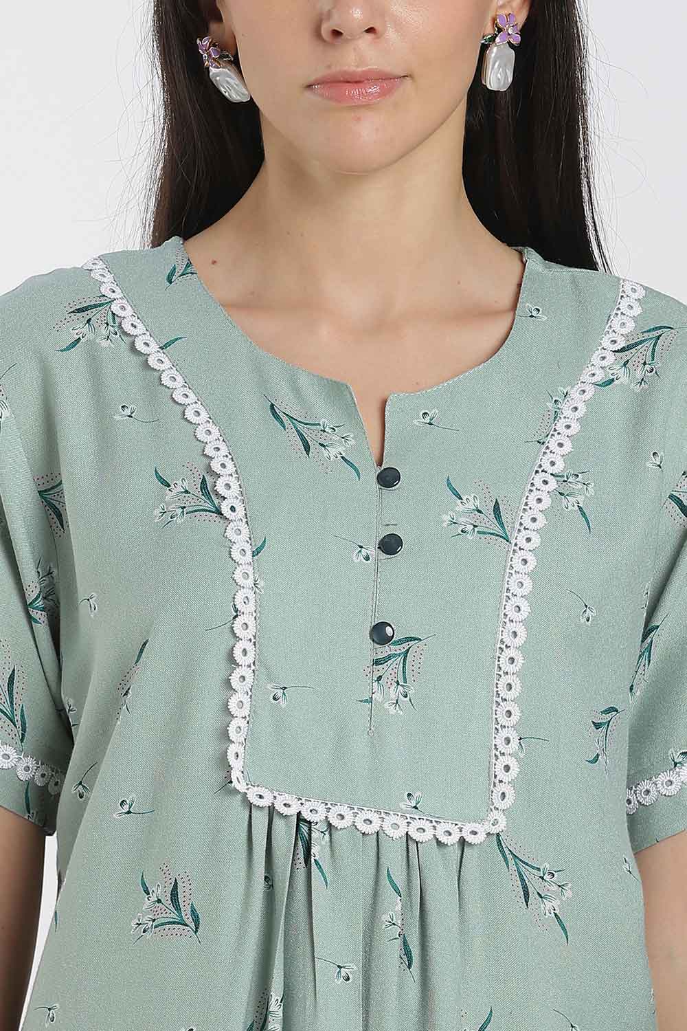 Naidu Hall Printed Cotton Nighty for Women – Full Length A-Line Nighty with Lace Panel & V-Slit Neck | Comfortable Daily Wear Sleepwear
 - NB37