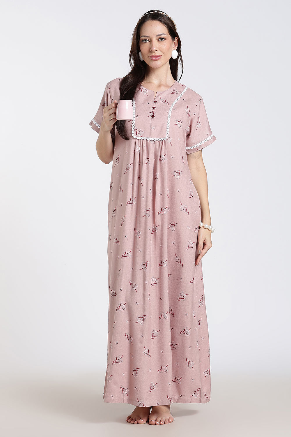 Naidu Hall Printed Cotton Nighty for Women – Full Length A-Line Nighty with Lace Panel & V-Slit Neck | Comfortable Daily Wear Sleepwear
 - NB37