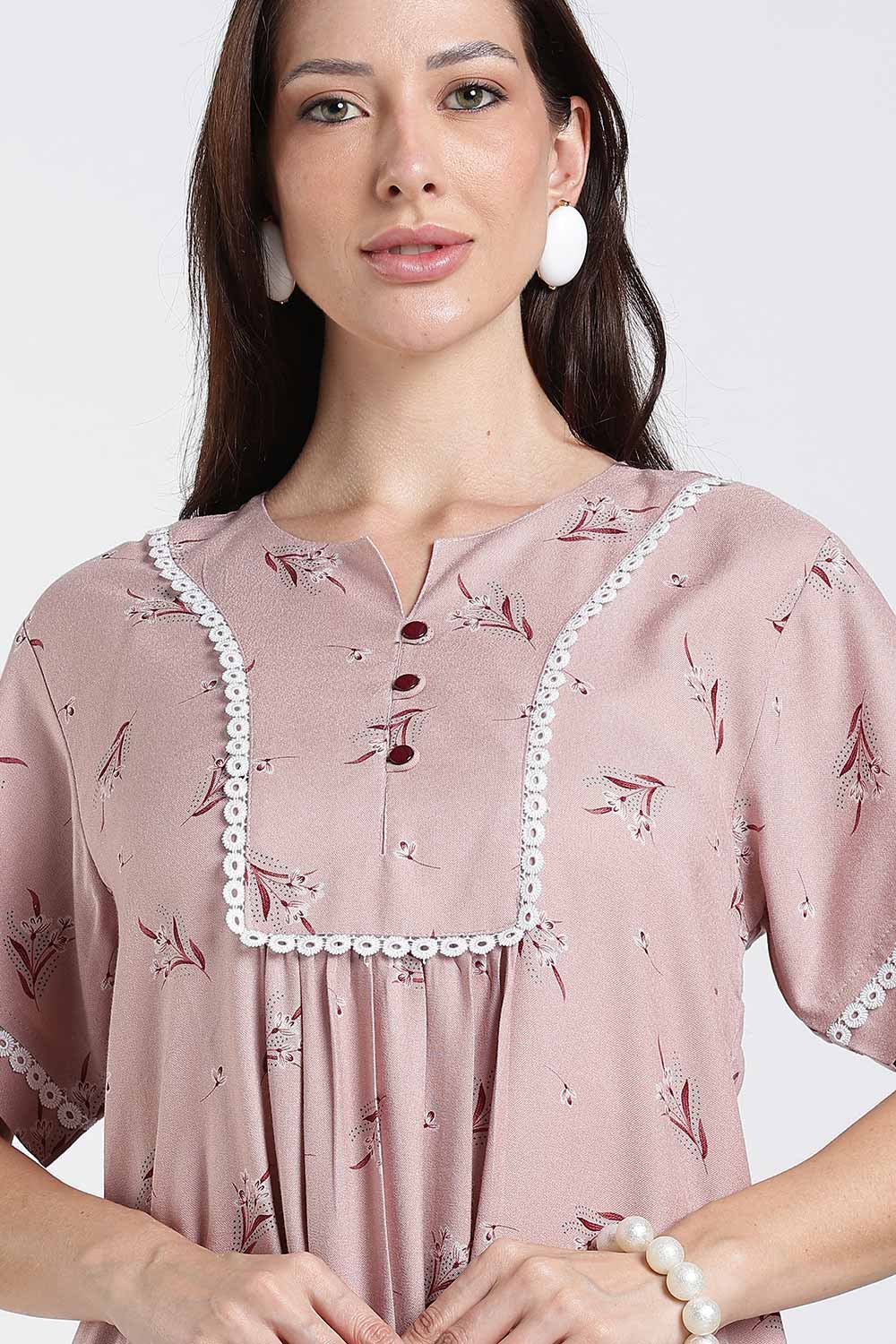 Naidu Hall Printed Cotton Nighty for Women – Full Length A-Line Nighty with Lace Panel & V-Slit Neck | Comfortable Daily Wear Sleepwear
 - NB37