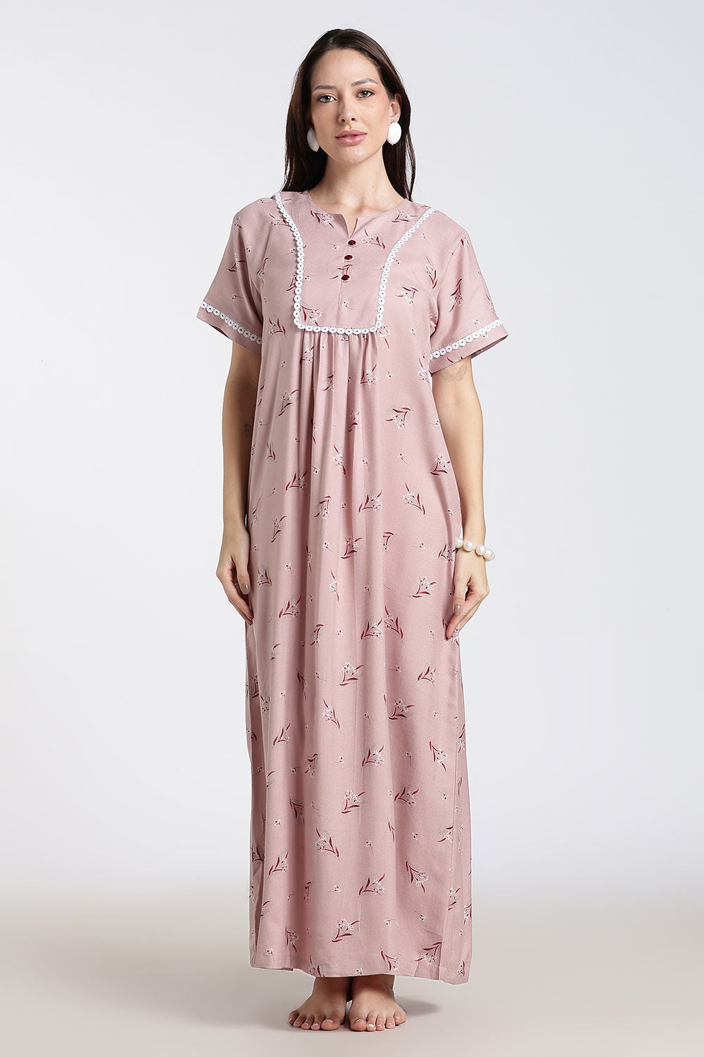 Naidu Hall Printed Cotton Nighty for Women – Full Length A-Line Nighty with Lace Panel & V-Slit Neck | Comfortable Daily Wear Sleepwear
 - NB37