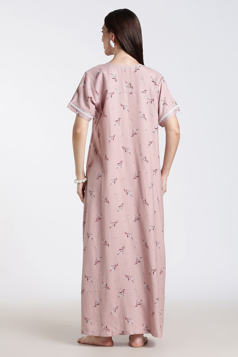 Naidu Hall Printed Cotton Nighty for Women – Full Length A-Line Nighty with Lace Panel & V-Slit Neck | Comfortable Daily Wear Sleepwear
 - NB37