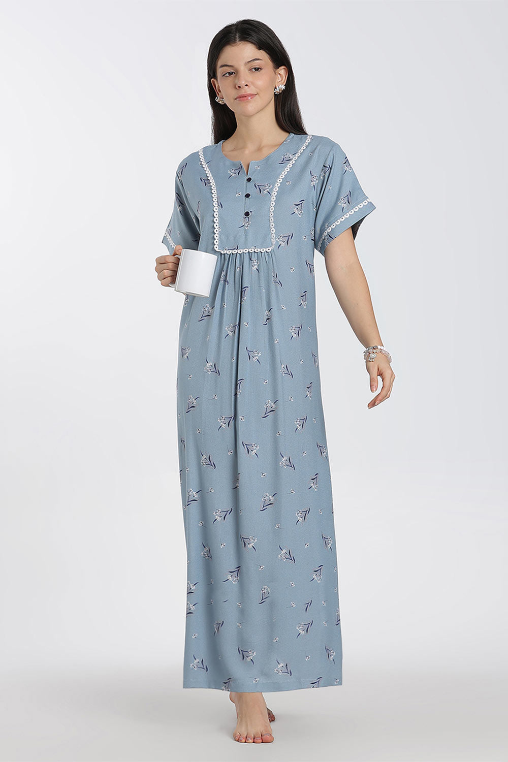 Naidu Hall Printed Alpine Cotton Nighty for Women – Full Length A-Line Sleepwear with Lace Panel | Comfortable Daily Wear Nighty
 - NB38