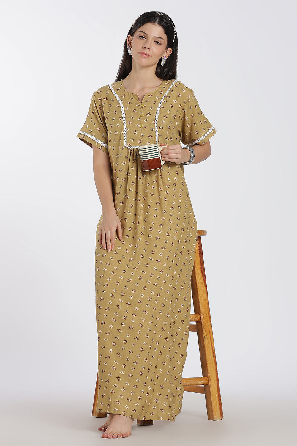 Naidu Hall Printed Alpine Cotton Nighty for Women – Full Length A-Line Sleepwear with Lace Panel | Comfortable Daily Wear Nighty
 - NB38