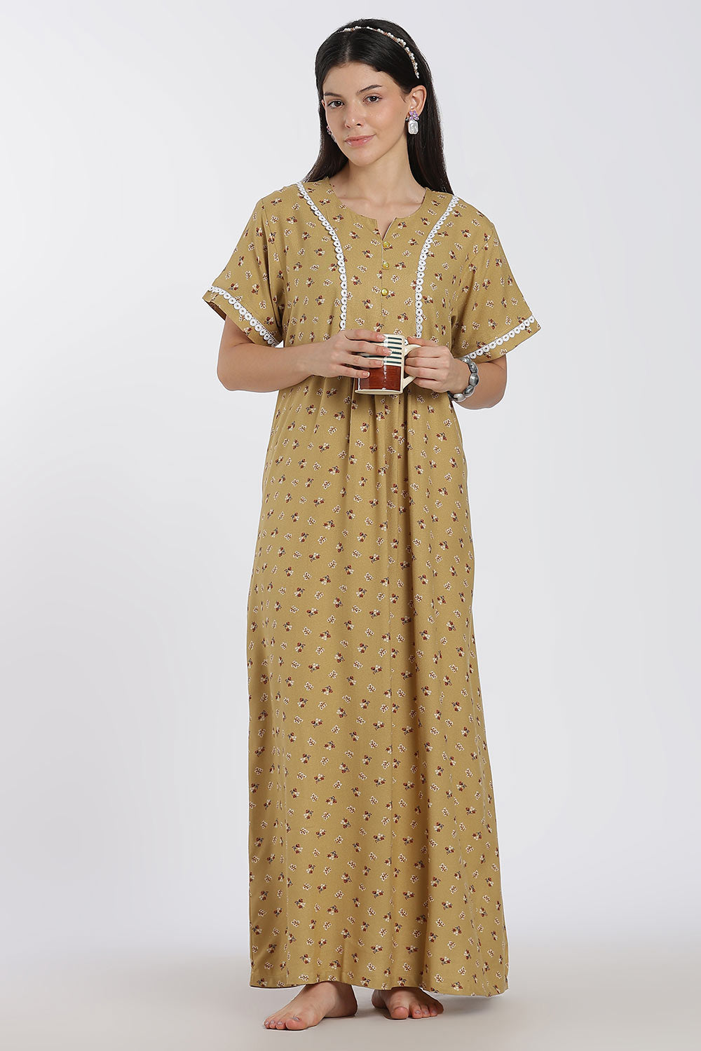 Naidu Hall Printed Alpine Cotton Nighty for Women – Full Length A-Line Sleepwear with Lace Panel | Comfortable Daily Wear Nighty
 - NB38