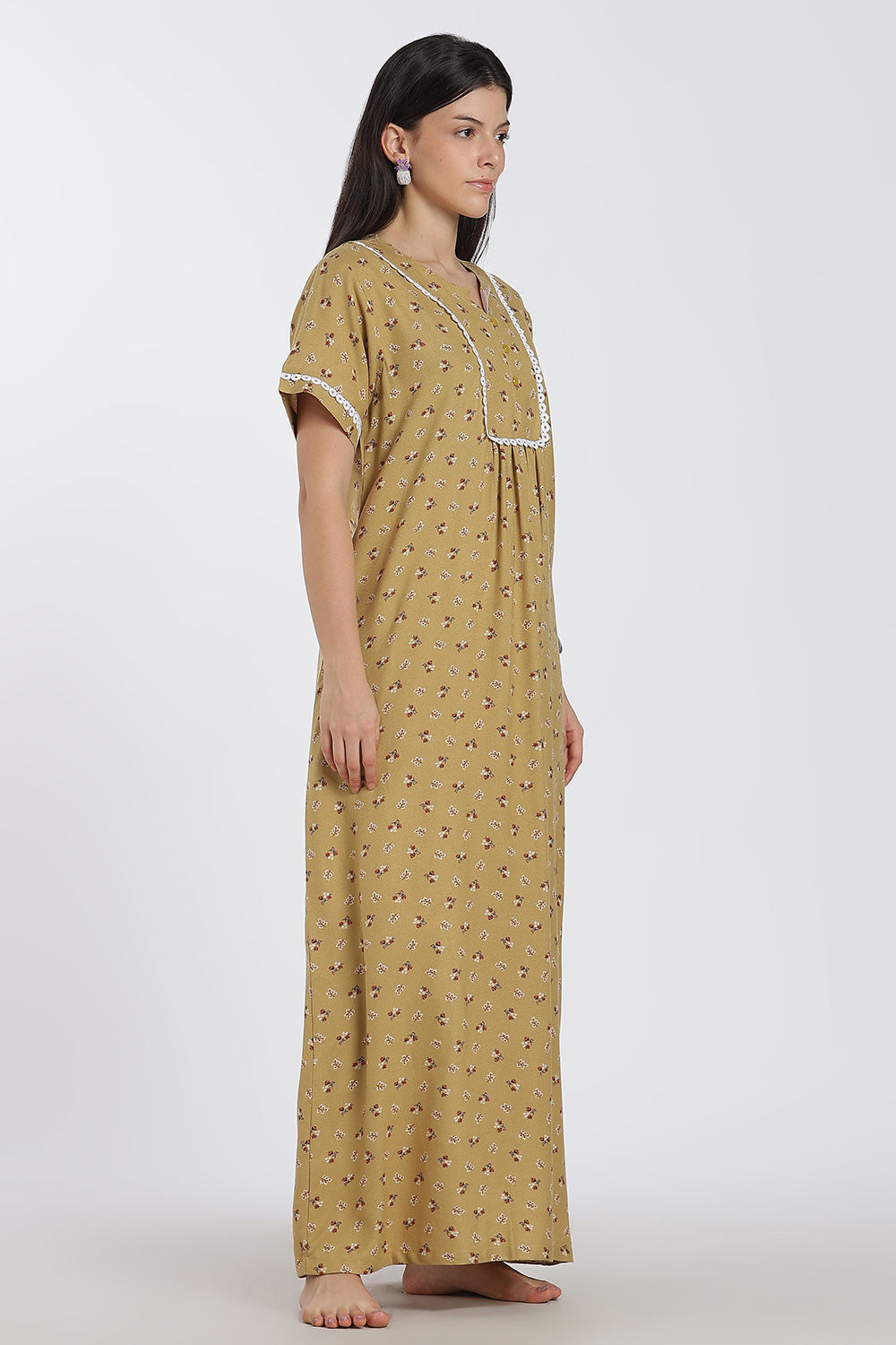 Naidu Hall Printed Alpine Cotton Nighty for Women – Full Length A-Line Sleepwear with Lace Panel | Comfortable Daily Wear Nighty
 - NB38