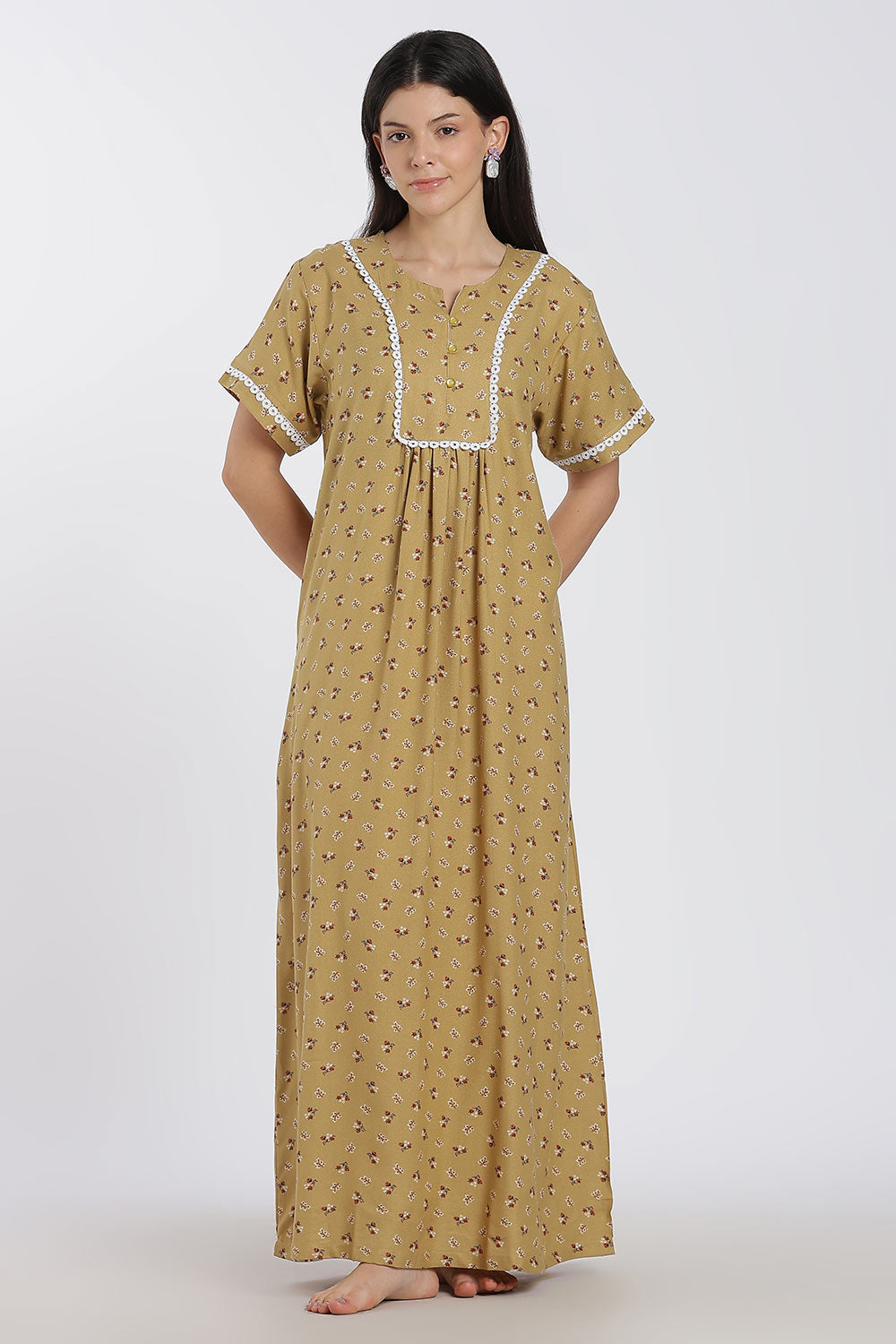 Naidu Hall Printed Alpine Cotton Nighty for Women – Full Length A-Line Sleepwear with Lace Panel | Comfortable Daily Wear Nighty
 - NB38