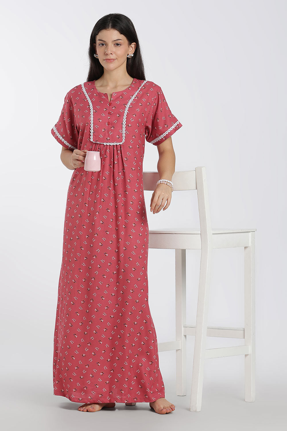 Naidu Hall Printed Alpine Cotton Nighty for Women – Full Length A-Line Sleepwear with Lace Panel | Comfortable Daily Wear Nighty
 - NB38