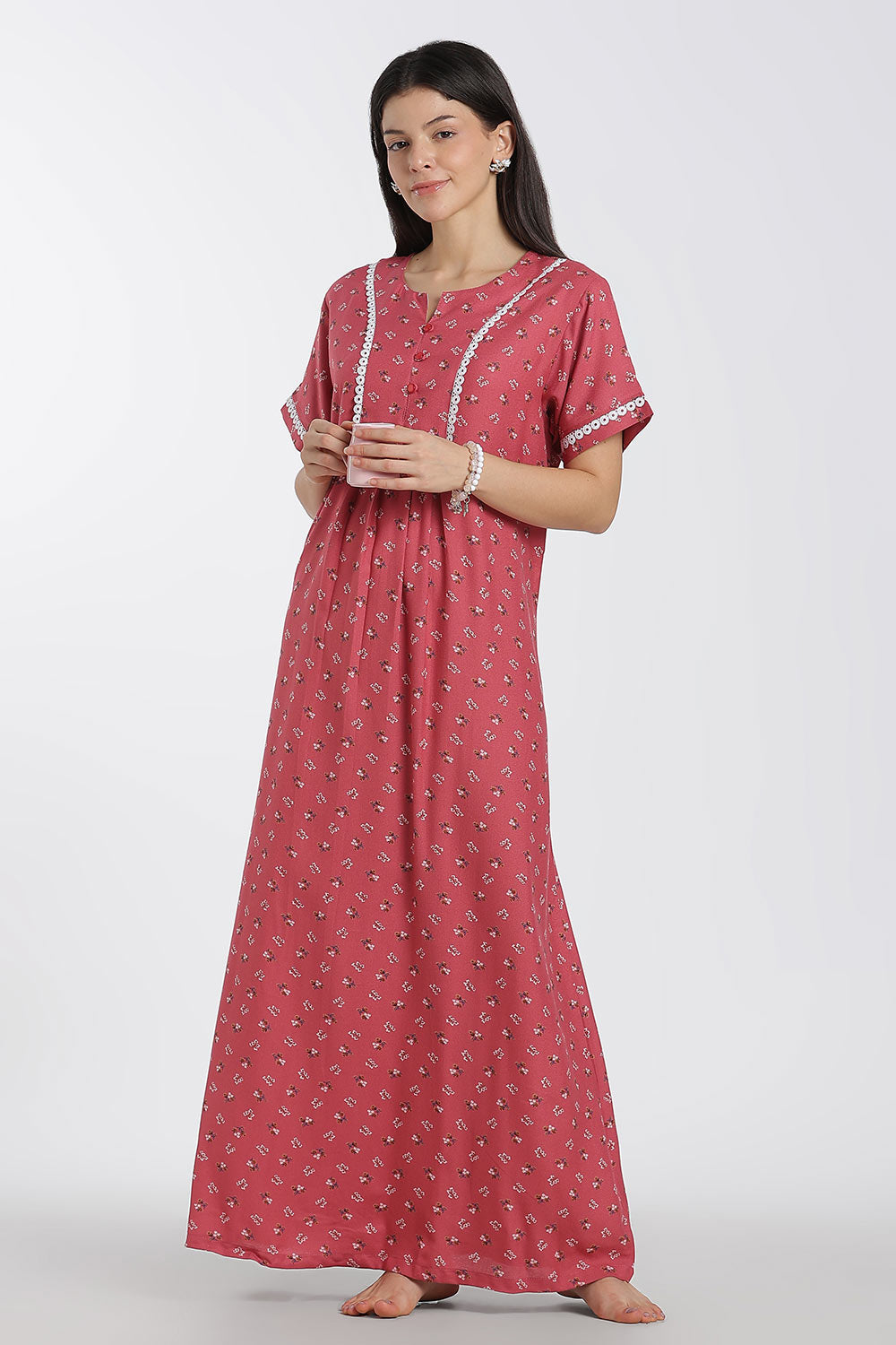 Naidu Hall Printed Alpine Cotton Nighty for Women – Full Length A-Line Sleepwear with Lace Panel | Comfortable Daily Wear Nighty
 - NB38