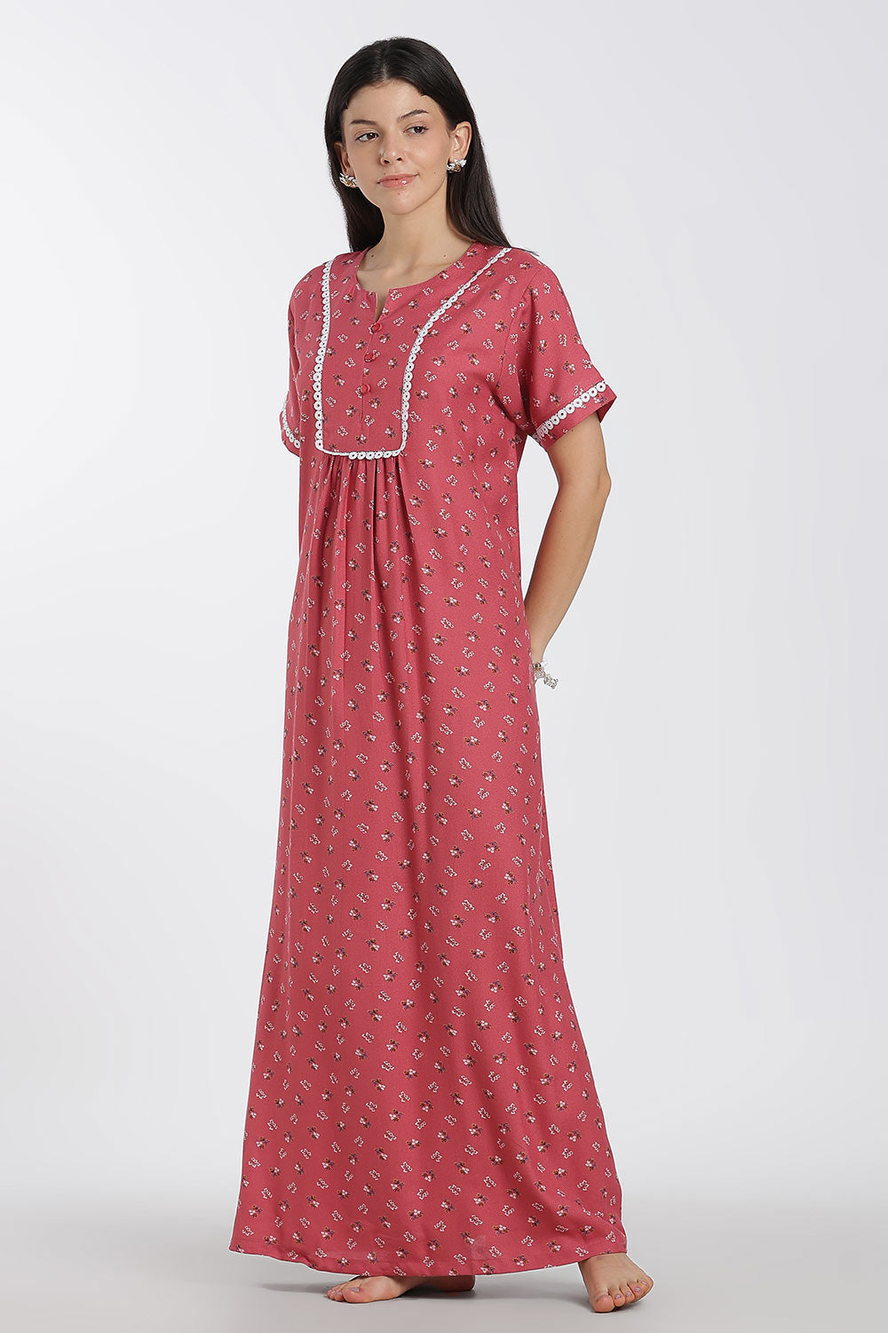 Naidu Hall Printed Alpine Cotton Nighty for Women – Full Length A-Line Sleepwear with Lace Panel | Comfortable Daily Wear Nighty
 - NB38