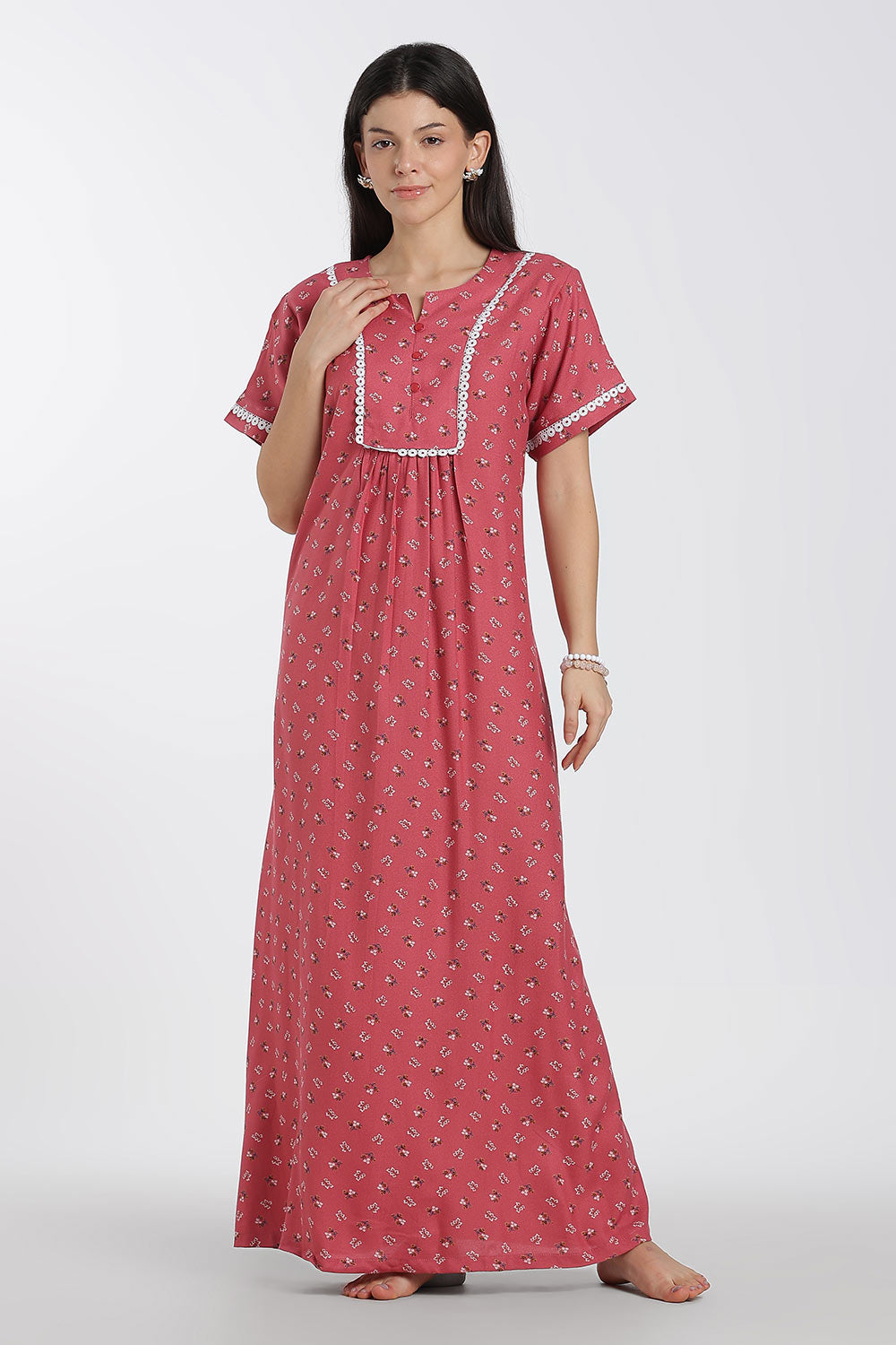 Naidu Hall Printed Alpine Cotton Nighty for Women – Full Length A-Line Sleepwear with Lace Panel | Comfortable Daily Wear Nighty
 - NB38