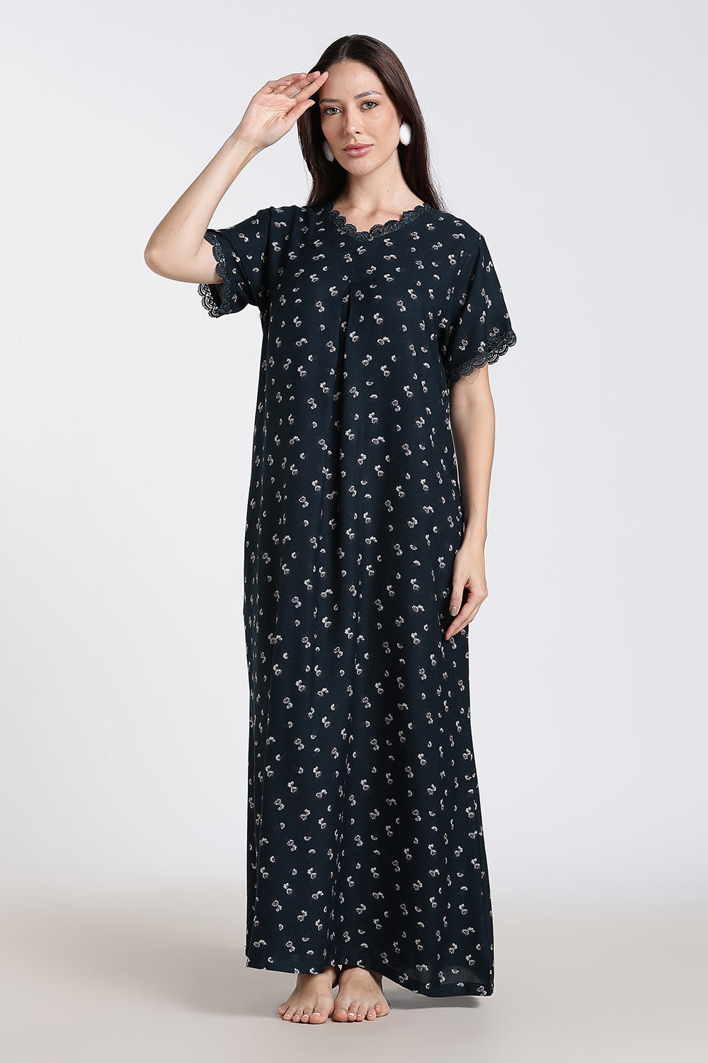 Naidu Hall Printed Alpine Cotton Nighty for Women – Full Length A-Line Sleepwear with Lace Detail & V-Neck | Comfortable Daily Wear Nighty
 - NB39