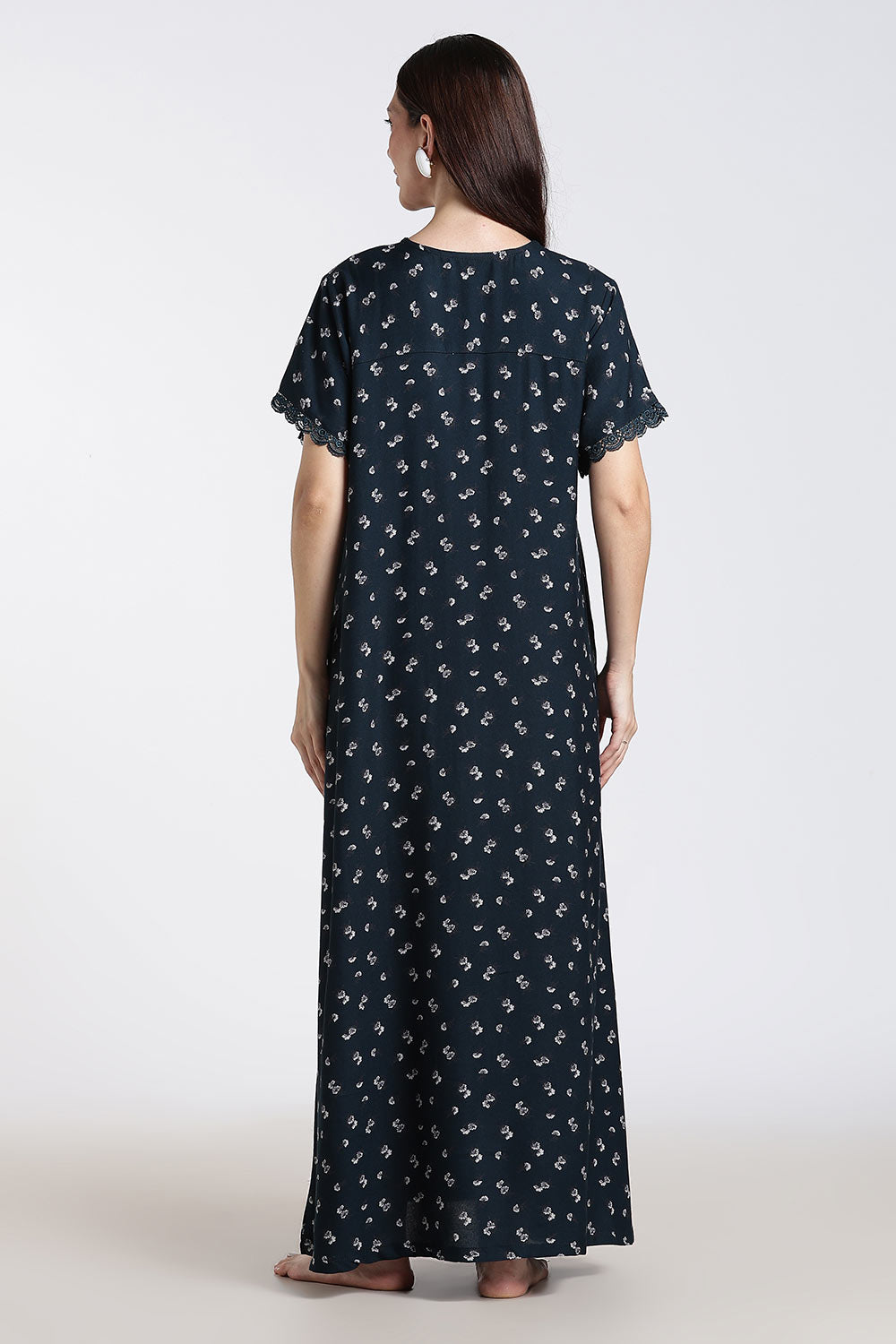 Naidu Hall Printed Alpine Cotton Nighty for Women – Full Length A-Line Sleepwear with Lace Detail & V-Neck | Comfortable Daily Wear Nighty
 - NB39