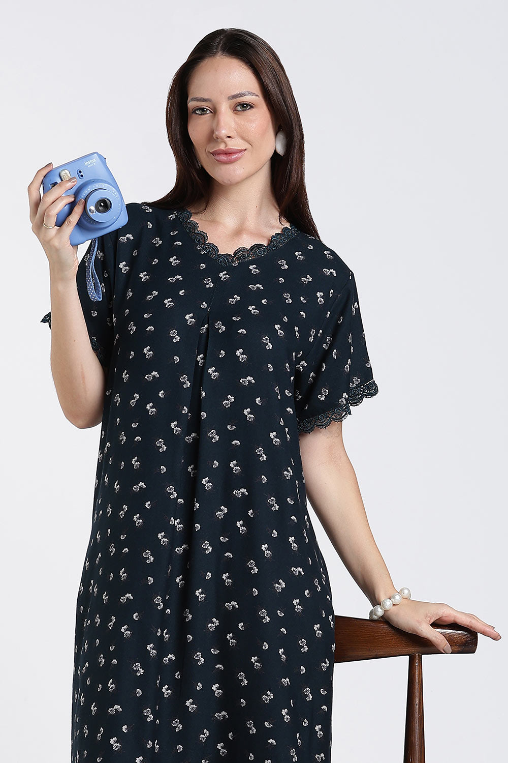 Naidu Hall Printed Alpine Cotton Nighty for Women – Full Length A-Line Sleepwear with Lace Detail & V-Neck | Comfortable Daily Wear Nighty
 - NB39