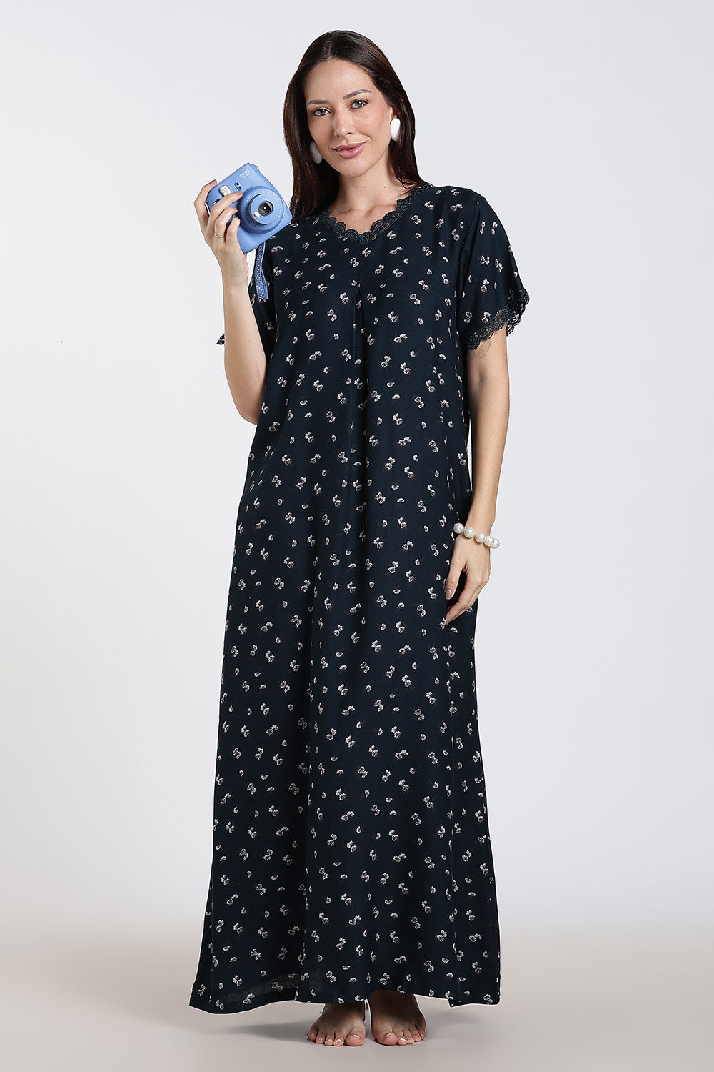 Naidu Hall Printed Alpine Cotton Nighty for Women – Full Length A-Line Sleepwear with Lace Detail & V-Neck | Comfortable Daily Wear Nighty
 - NB39