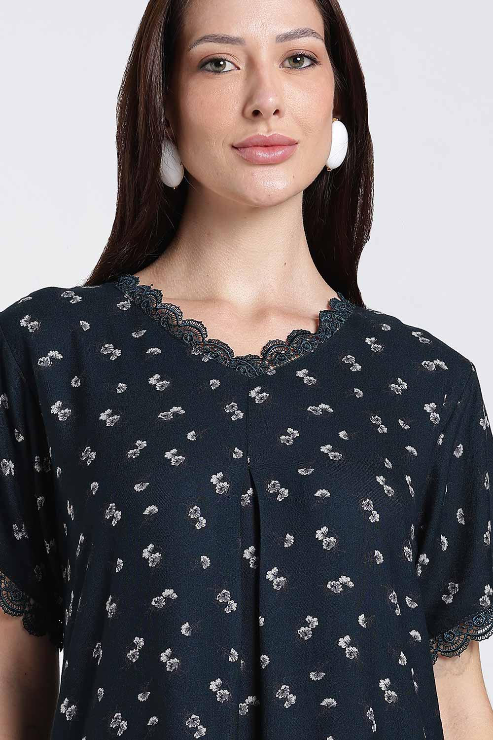 Naidu Hall Printed Alpine Cotton Nighty for Women – Full Length A-Line Sleepwear with Lace Detail & V-Neck | Comfortable Daily Wear Nighty
 - NB39