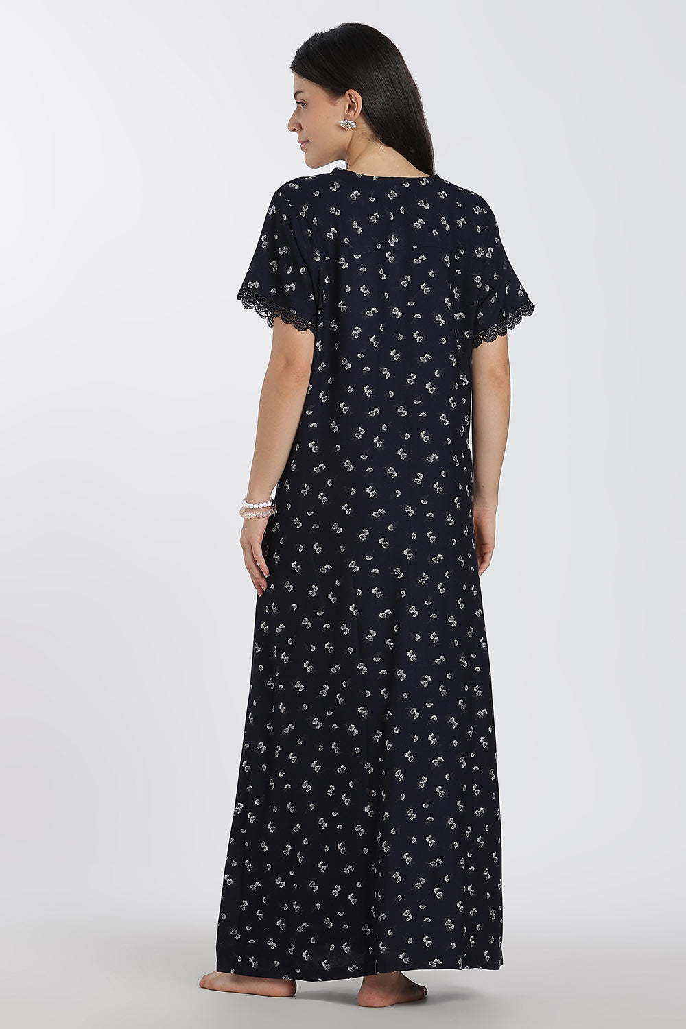 Naidu Hall Printed Alpine Cotton Nighty for Women – Full Length A-Line Sleepwear with Lace Detail & V-Neck | Comfortable Daily Wear Nighty
 - NB39