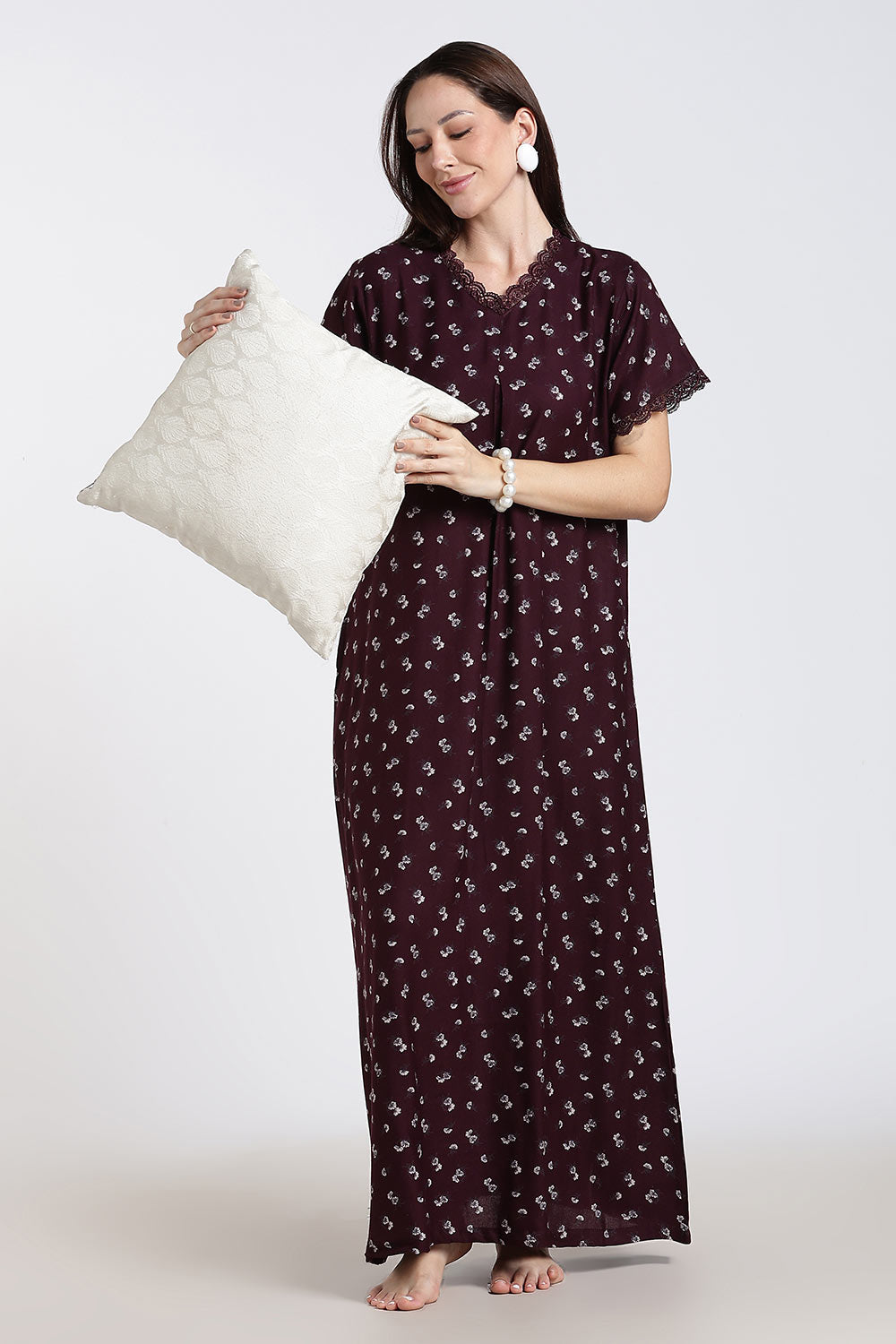 Naidu Hall Printed Alpine Cotton Nighty for Women – Full Length A-Line Sleepwear with Lace Detail & V-Neck | Comfortable Daily Wear Nighty
 - NB39