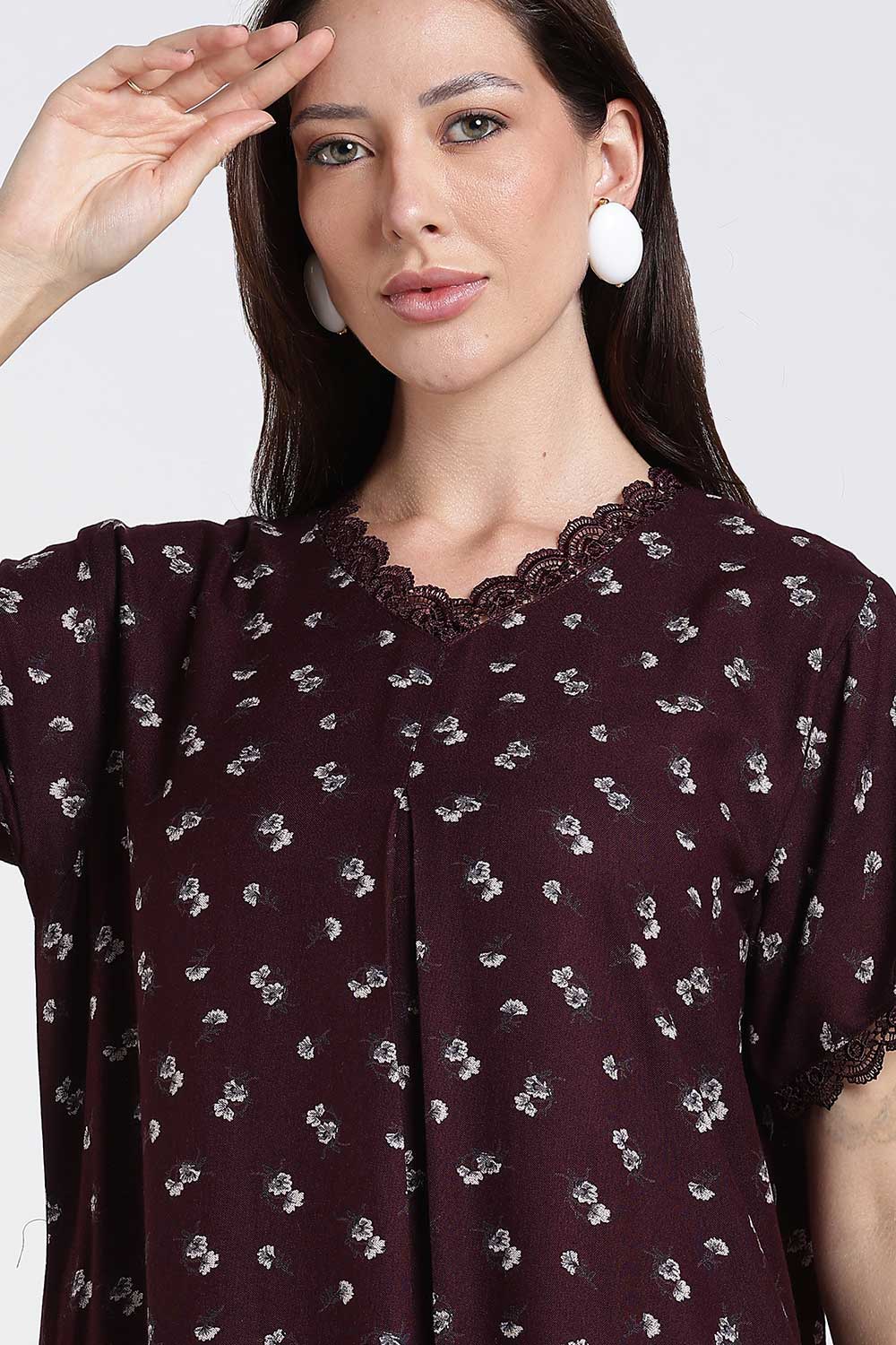 Naidu Hall Printed Alpine Cotton Nighty for Women – Full Length A-Line Sleepwear with Lace Detail & V-Neck | Comfortable Daily Wear Nighty
 - NB39