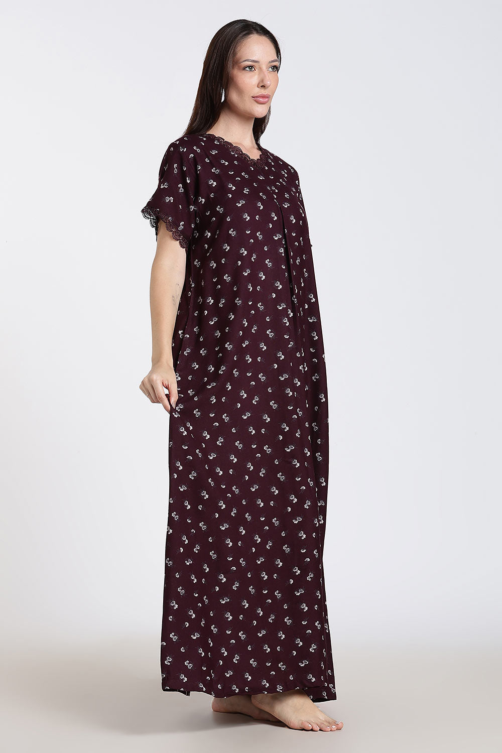 Naidu Hall Printed Alpine Cotton Nighty for Women – Full Length A-Line Sleepwear with Lace Detail & V-Neck | Comfortable Daily Wear Nighty
 - NB39