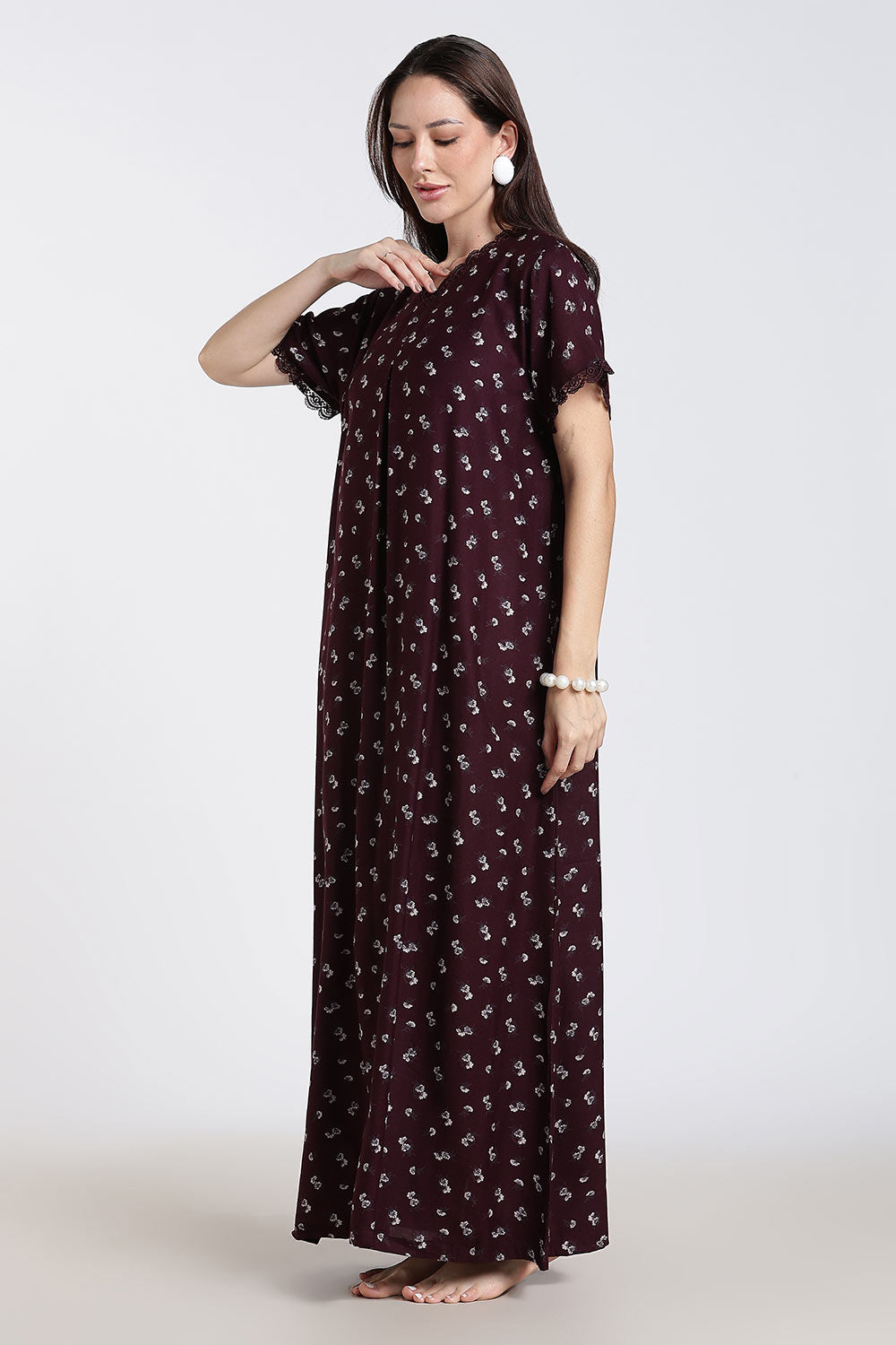 Naidu Hall Printed Alpine Cotton Nighty for Women – Full Length A-Line Sleepwear with Lace Detail & V-Neck | Comfortable Daily Wear Nighty
 - NB39