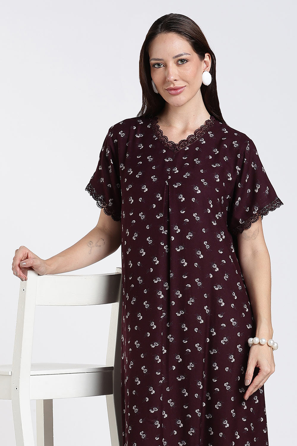 Naidu Hall Printed Alpine Cotton Nighty for Women – Full Length A-Line Sleepwear with Lace Detail & V-Neck | Comfortable Daily Wear Nighty
 - NB39