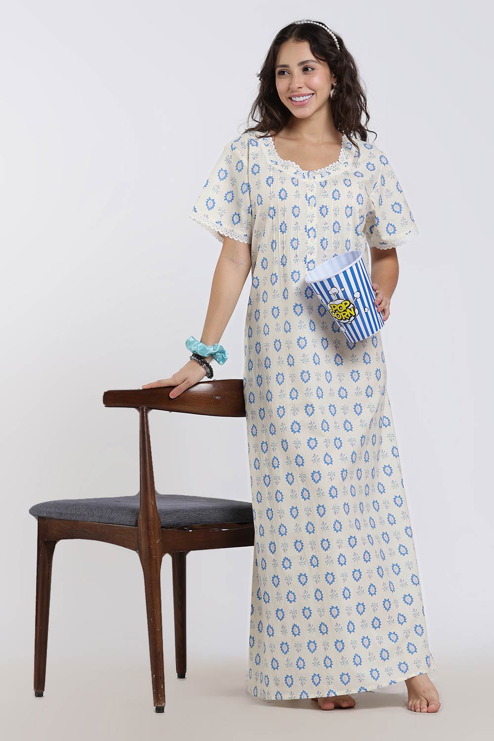 Naidu Hall Printed Cotton Nighty for Women – Full Length A-Line Sleepwear with Lace Detail | Comfortable Daily Wear Nighty
 - NB43