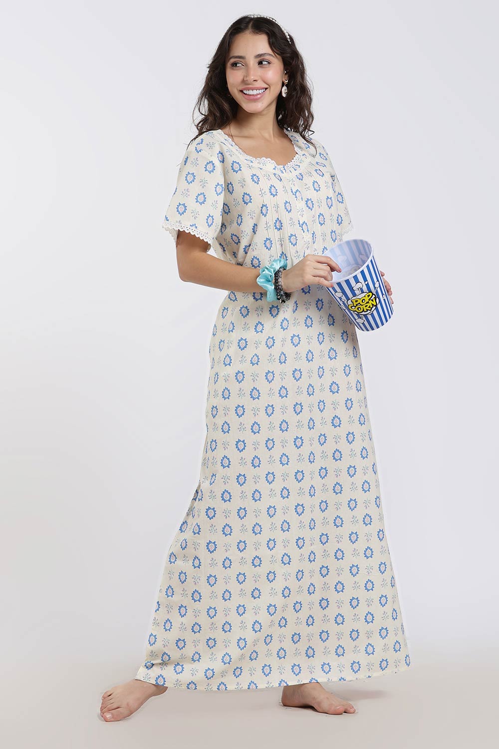 Naidu Hall Printed Cotton Nighty for Women – Full Length A-Line Sleepwear with Lace Detail | Comfortable Daily Wear Nighty
 - NB43